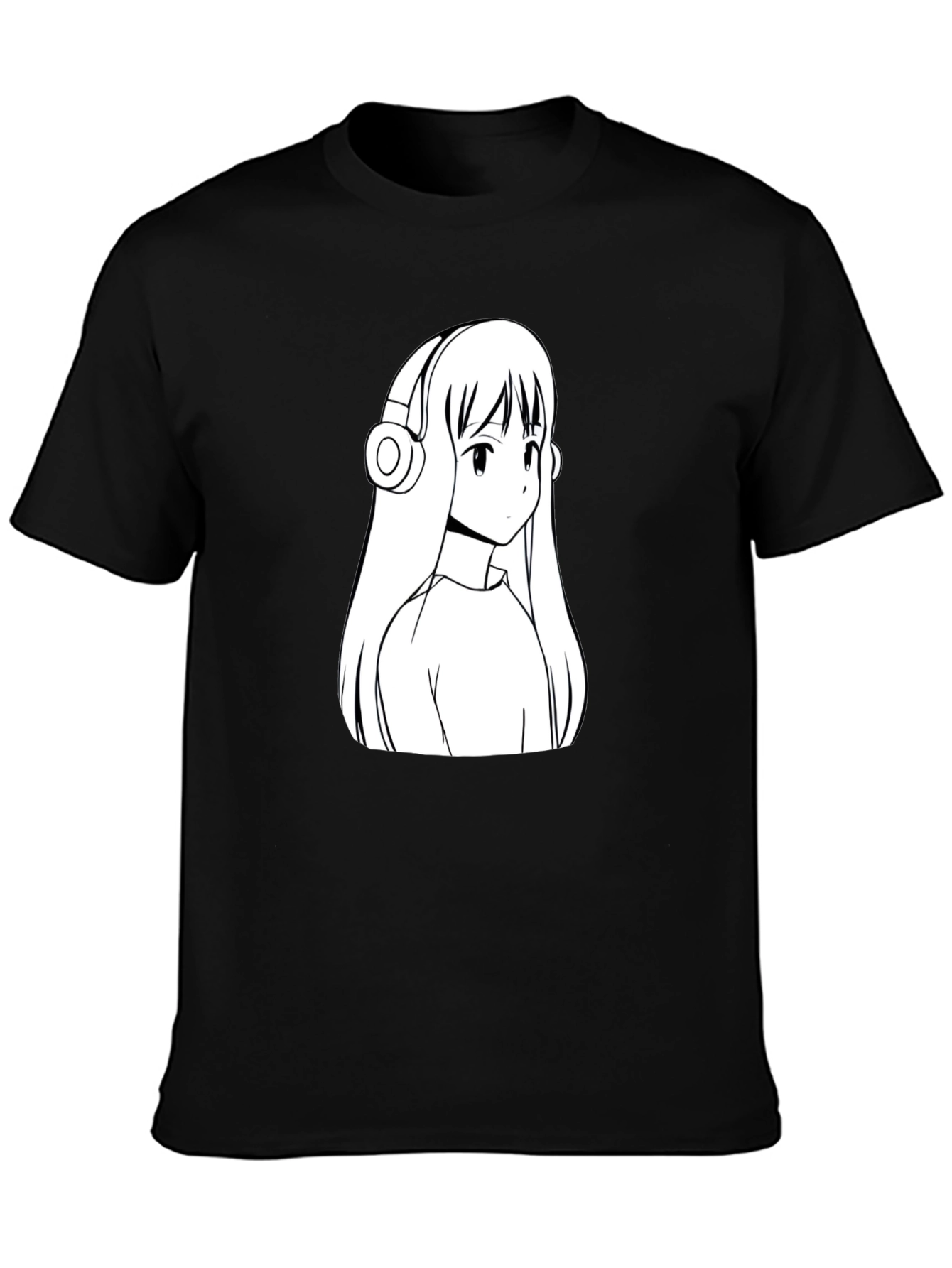 Anime Girl Headphones Graphic Black T-Shirt