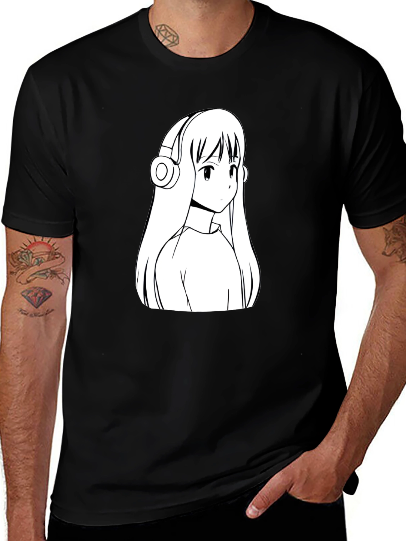 Anime Girl Headphones Graphic Black T-Shirt