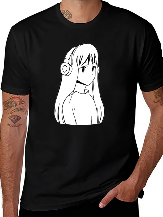 Anime Girl Headphones Graphic Black T-Shirt