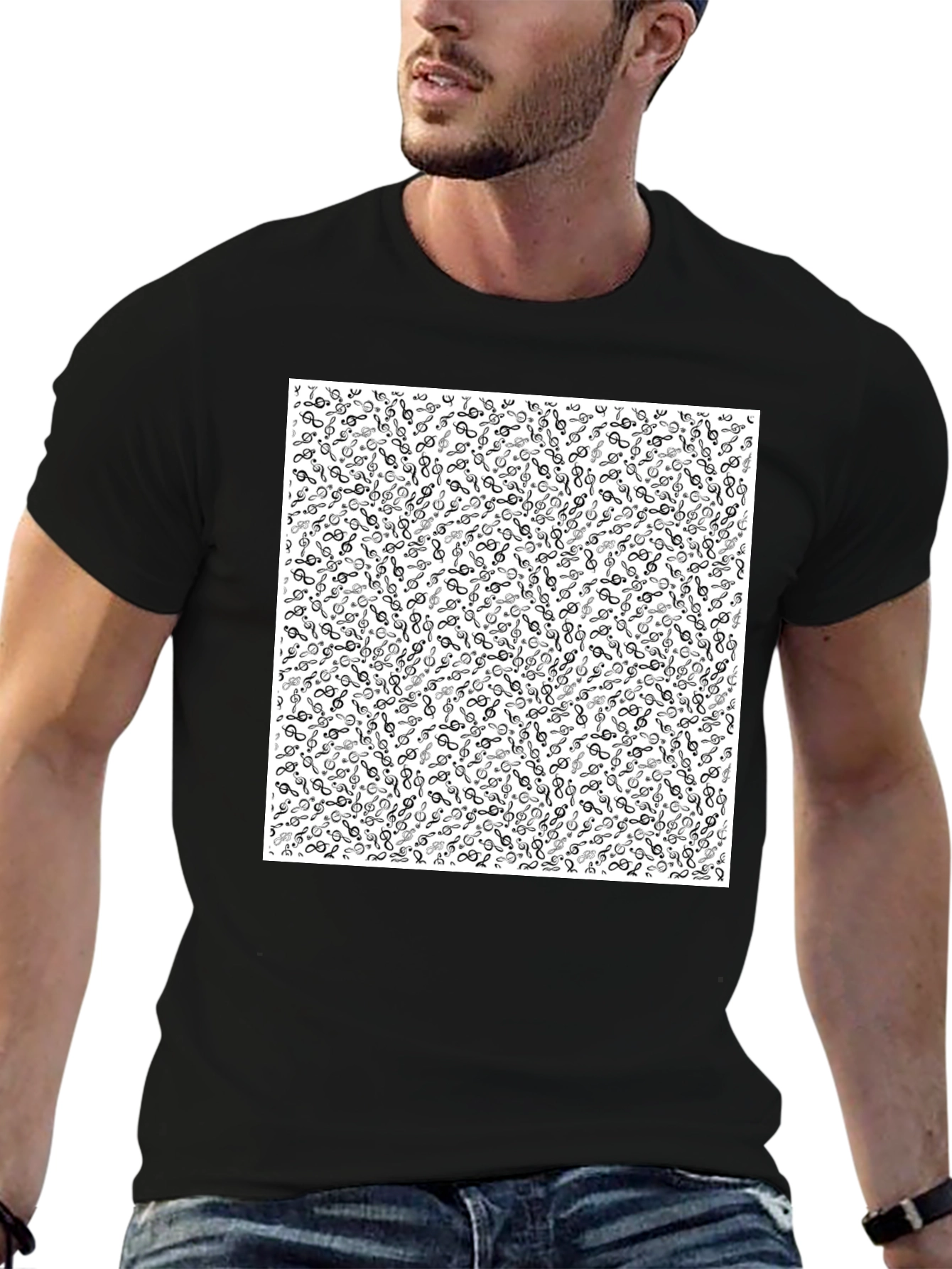 Music Note Patterned Black Tee