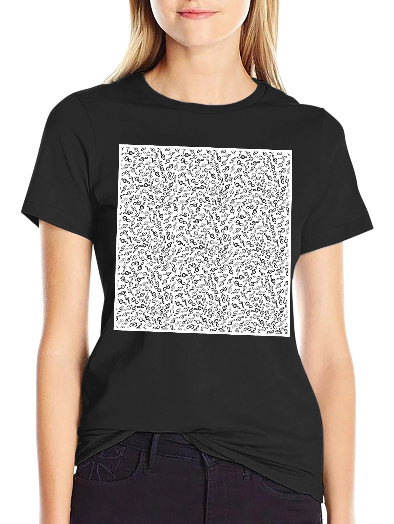 Music Note Patterned Black Tee