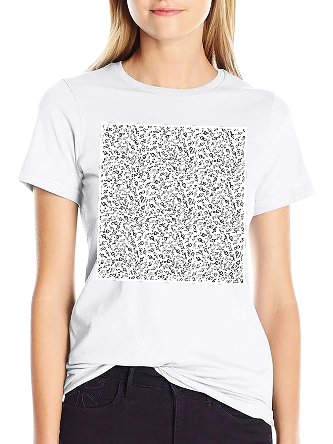 Music Note Patterned Black Tee