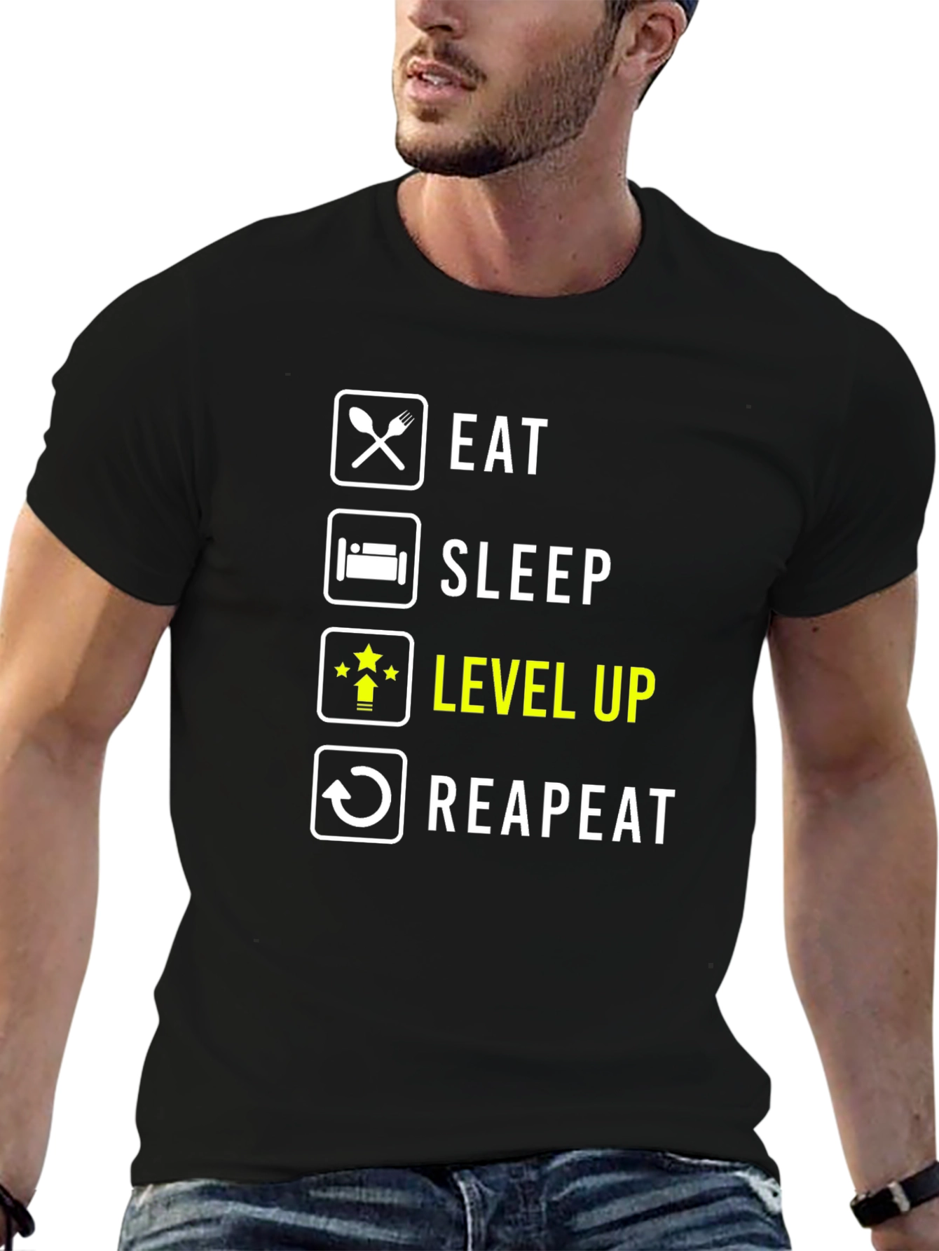Eat Sleep Level Up Repeat Black Graphic Tee