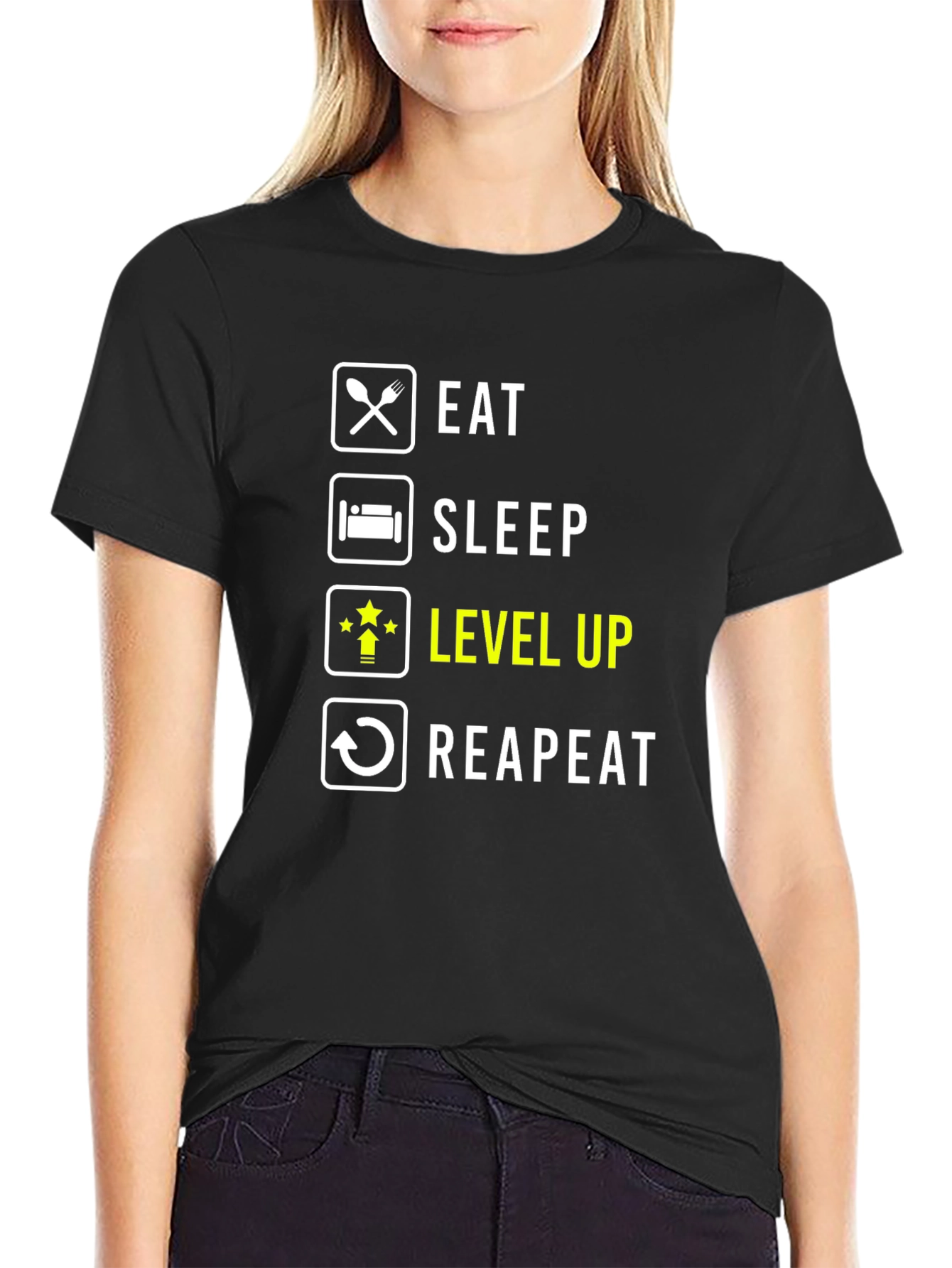 Eat Sleep Level Up Repeat Black Graphic Tee