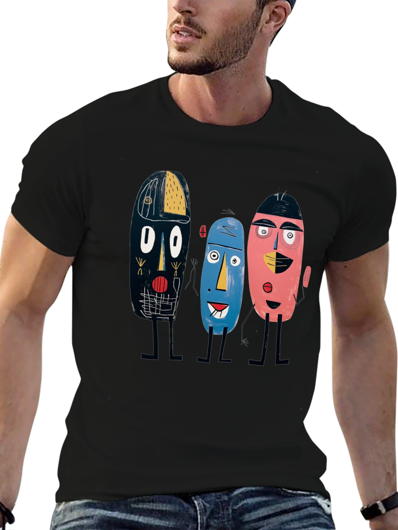 Abstract Faces Black Tee - Unique Graphic Print