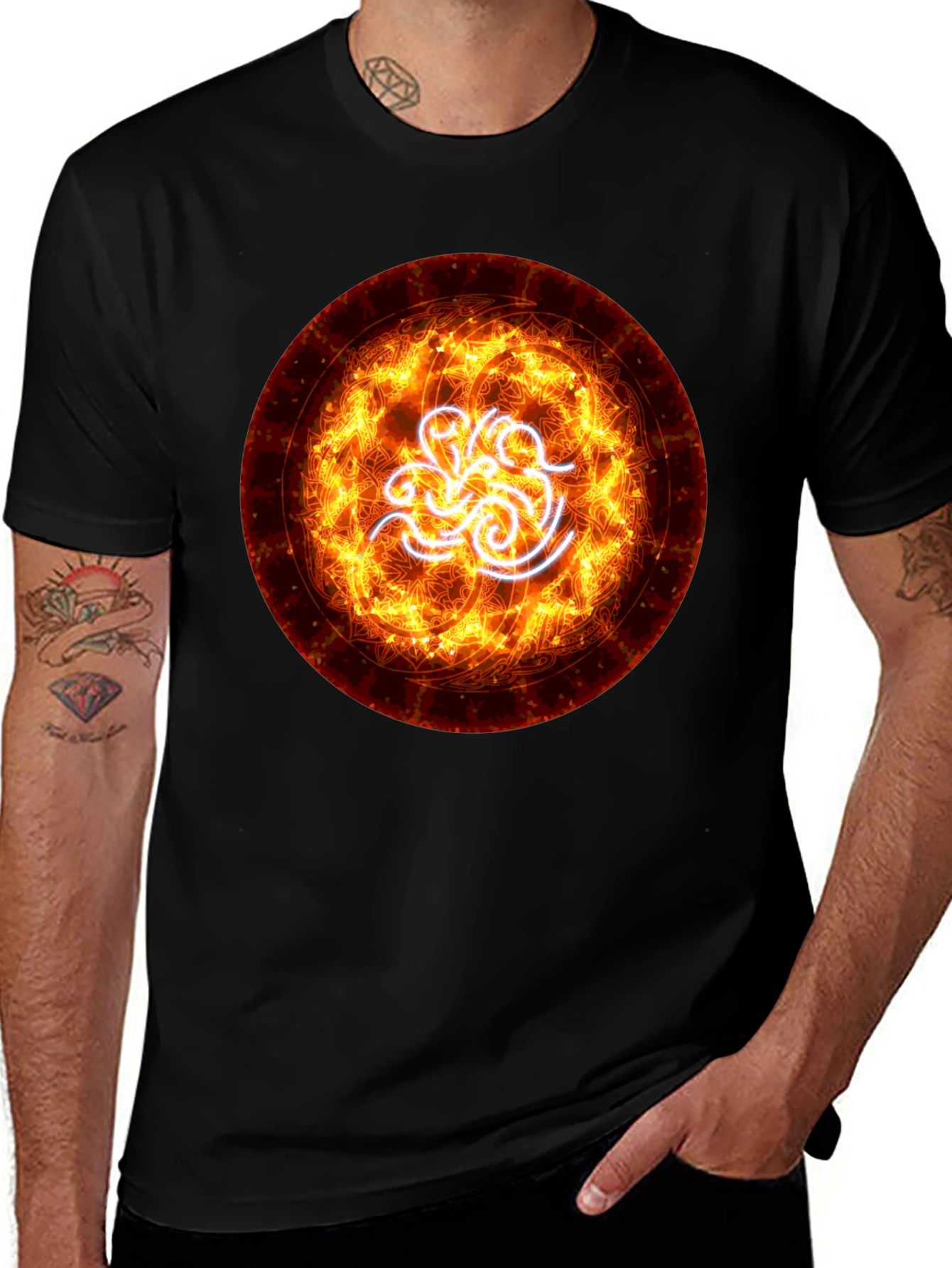Fiery Vortex Graphic Tee - Black Cotton Blend
