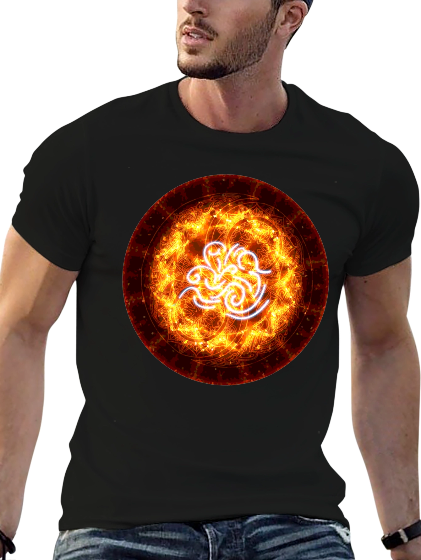 Fiery Vortex Graphic Tee - Black Cotton Blend