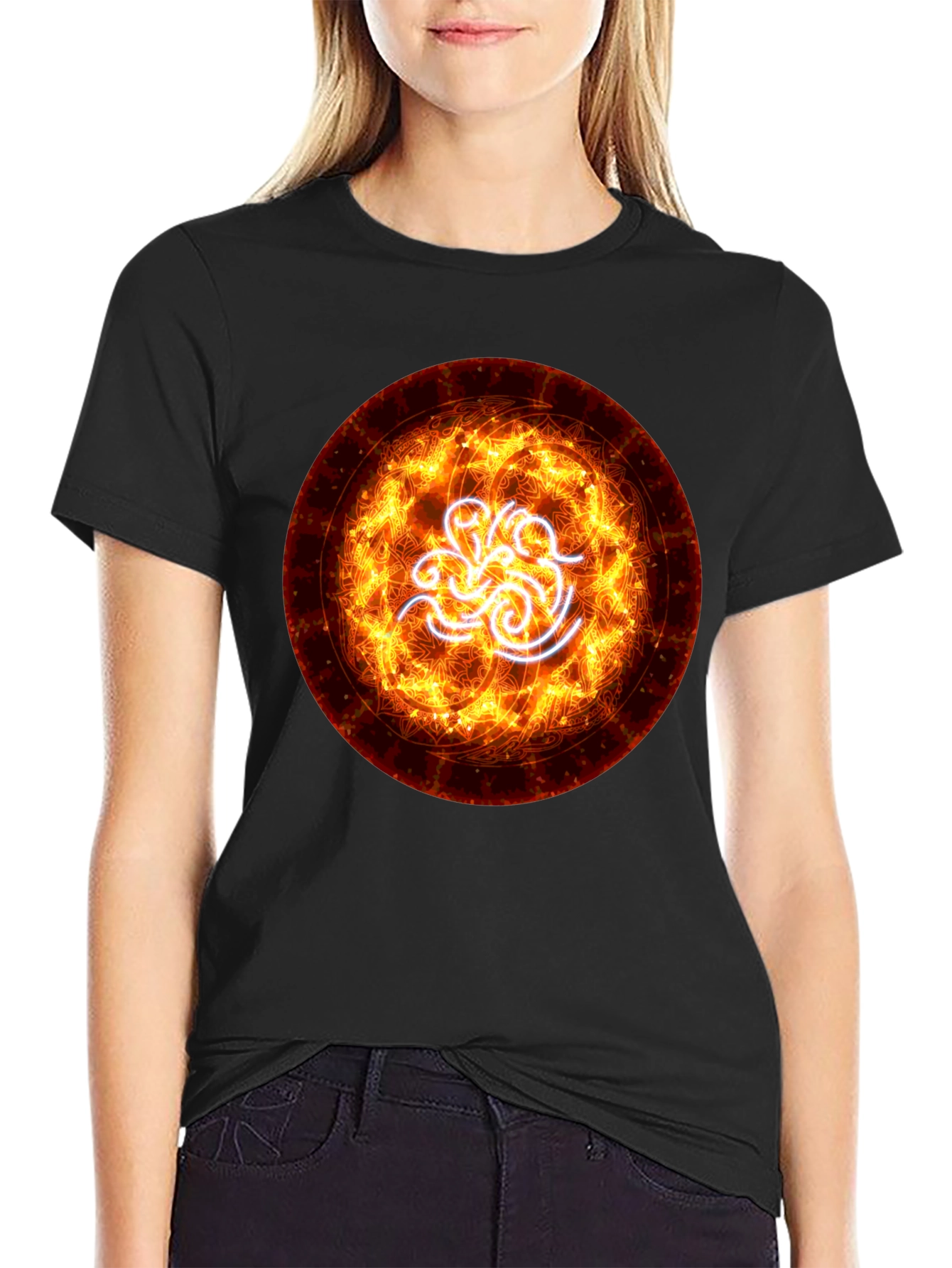 Fiery Vortex Graphic Tee - Black Cotton Blend