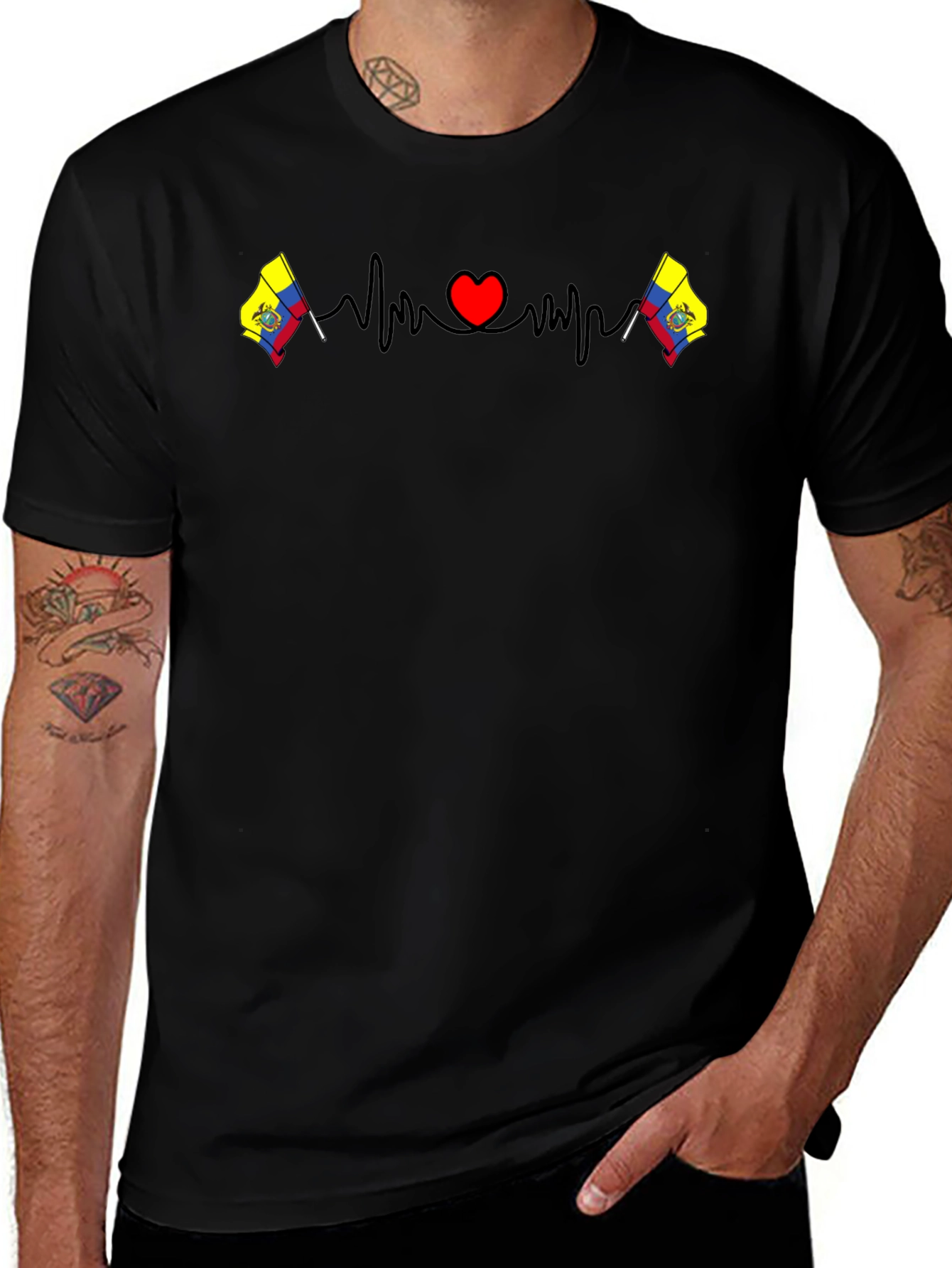 Ecuador Flag Heartbeat T-Shirt - Black