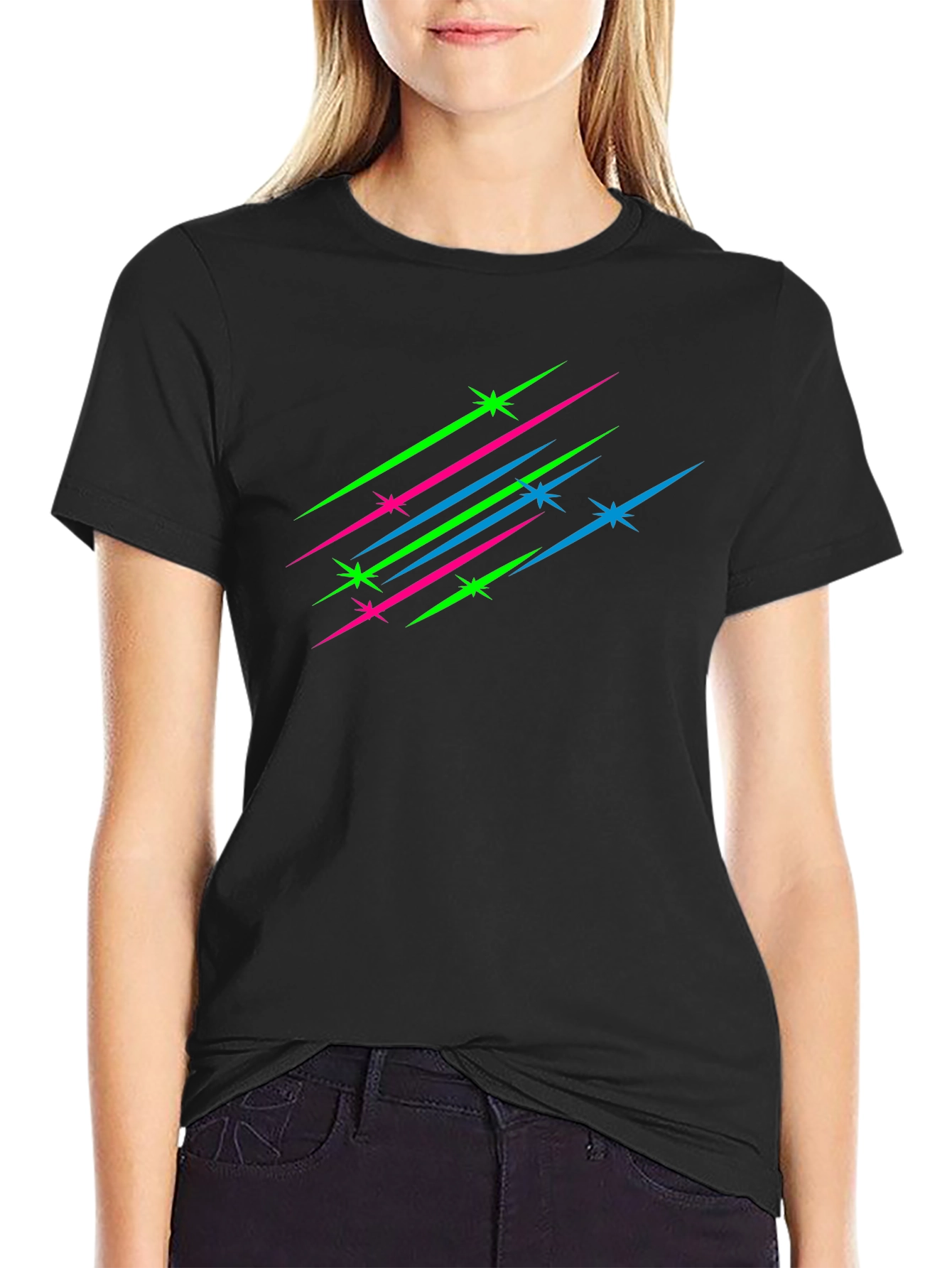 Mens Black T-Shirt with Neon Star Streaks