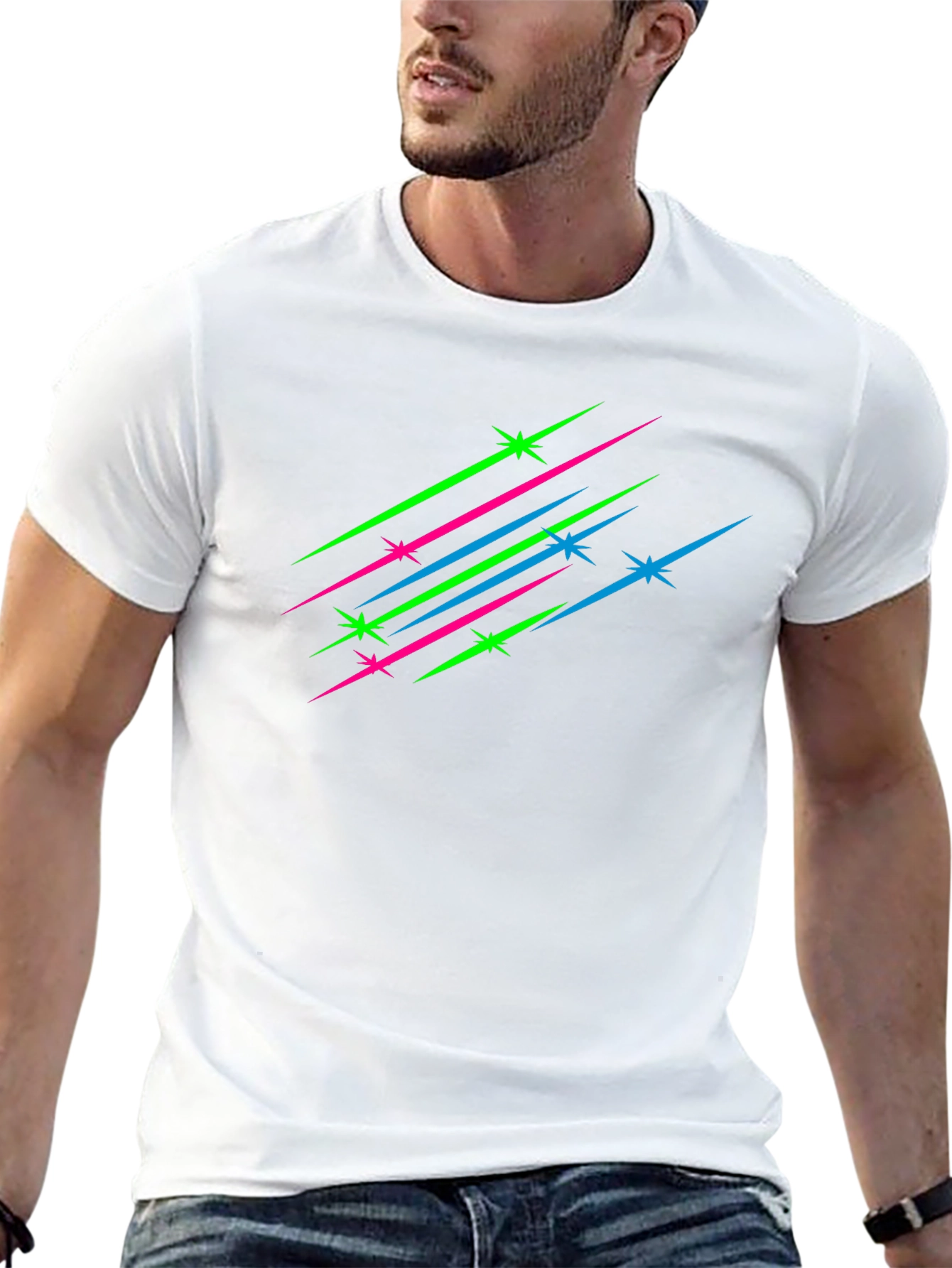Mens Black T-Shirt with Neon Star Streaks
