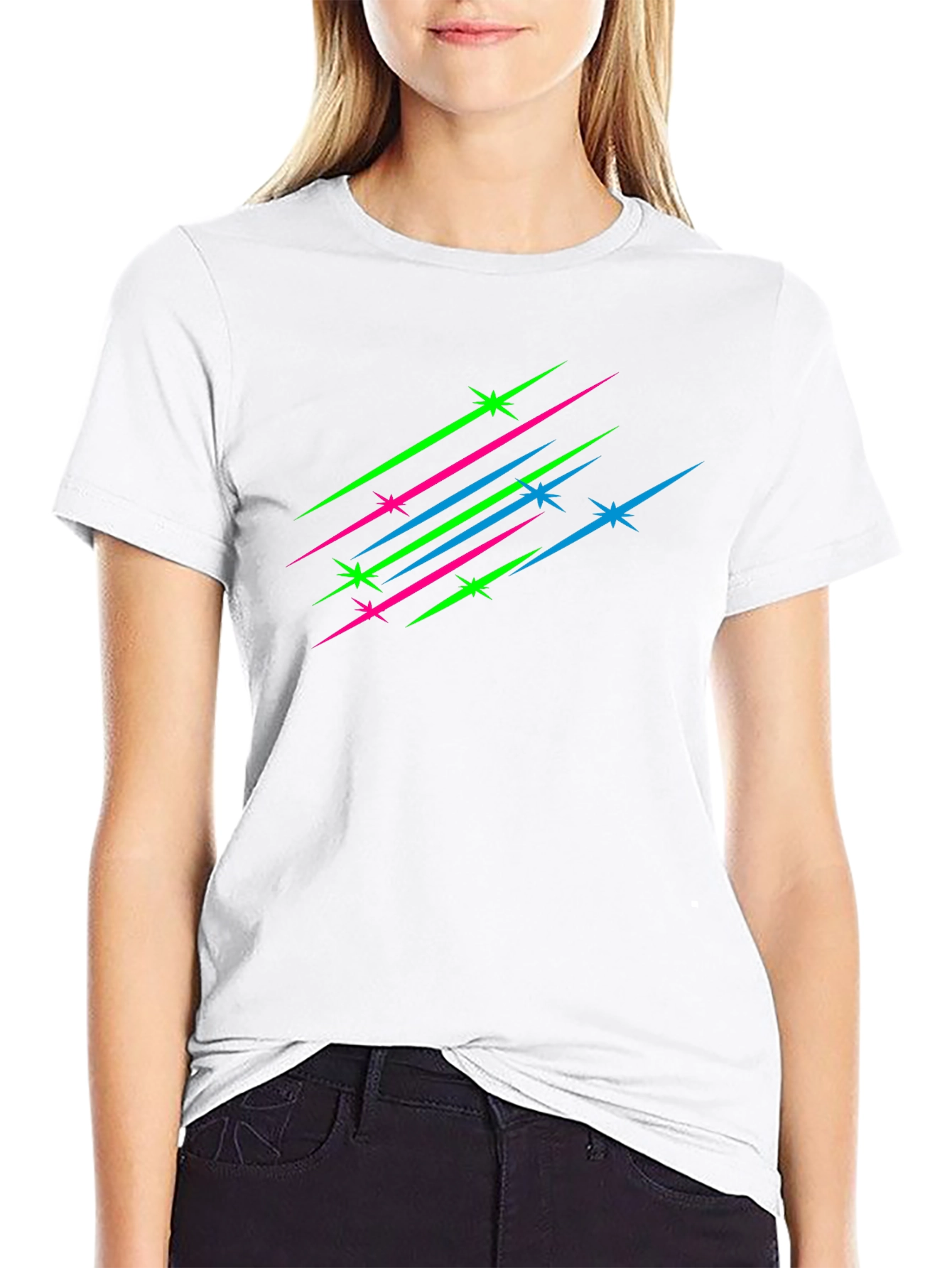 Mens Black T-Shirt with Neon Star Streaks