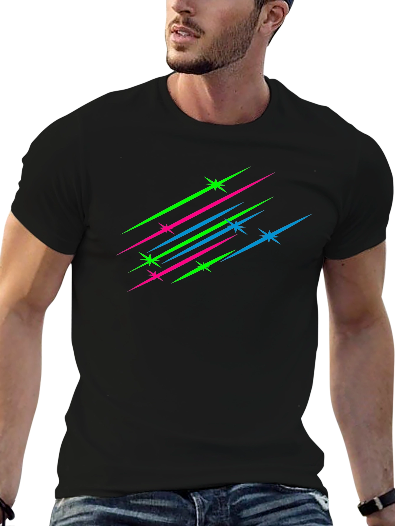 Mens Black T-Shirt with Neon Star Streaks