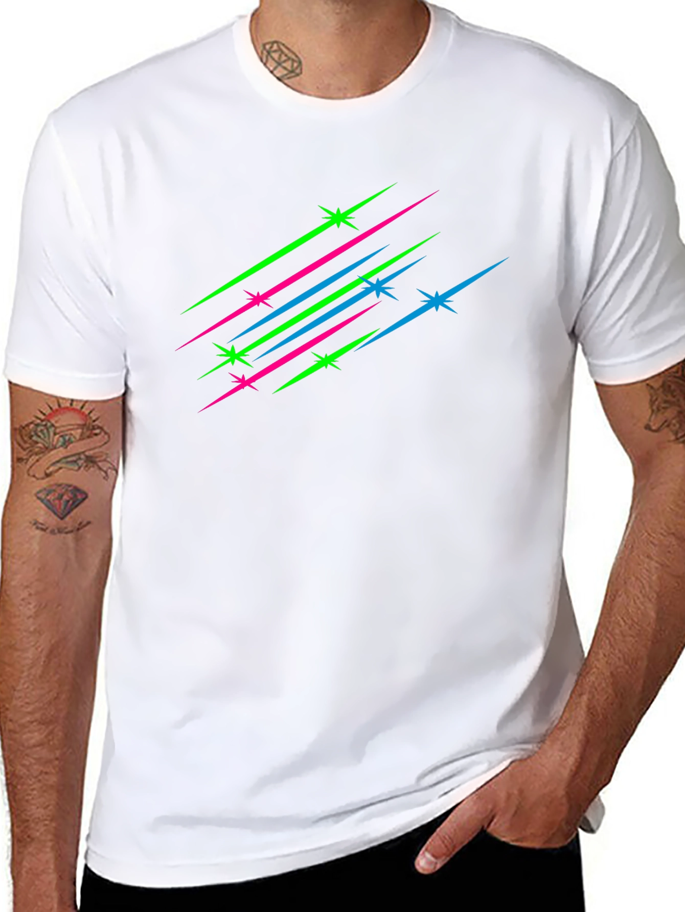 Mens Black T-Shirt with Neon Star Streaks