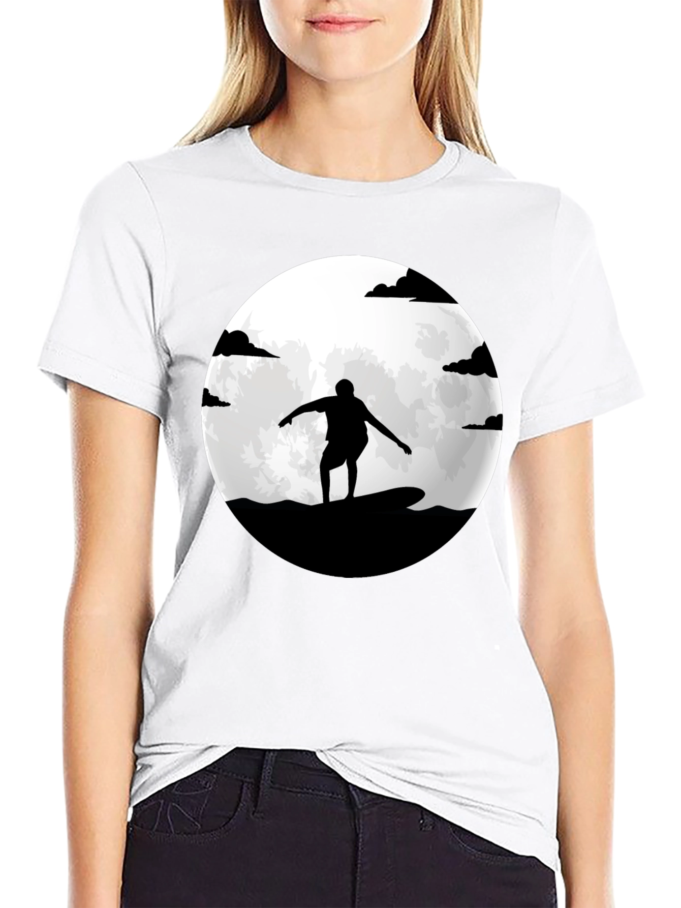 Surfer Silhouette Moon Graphic Tee - Black