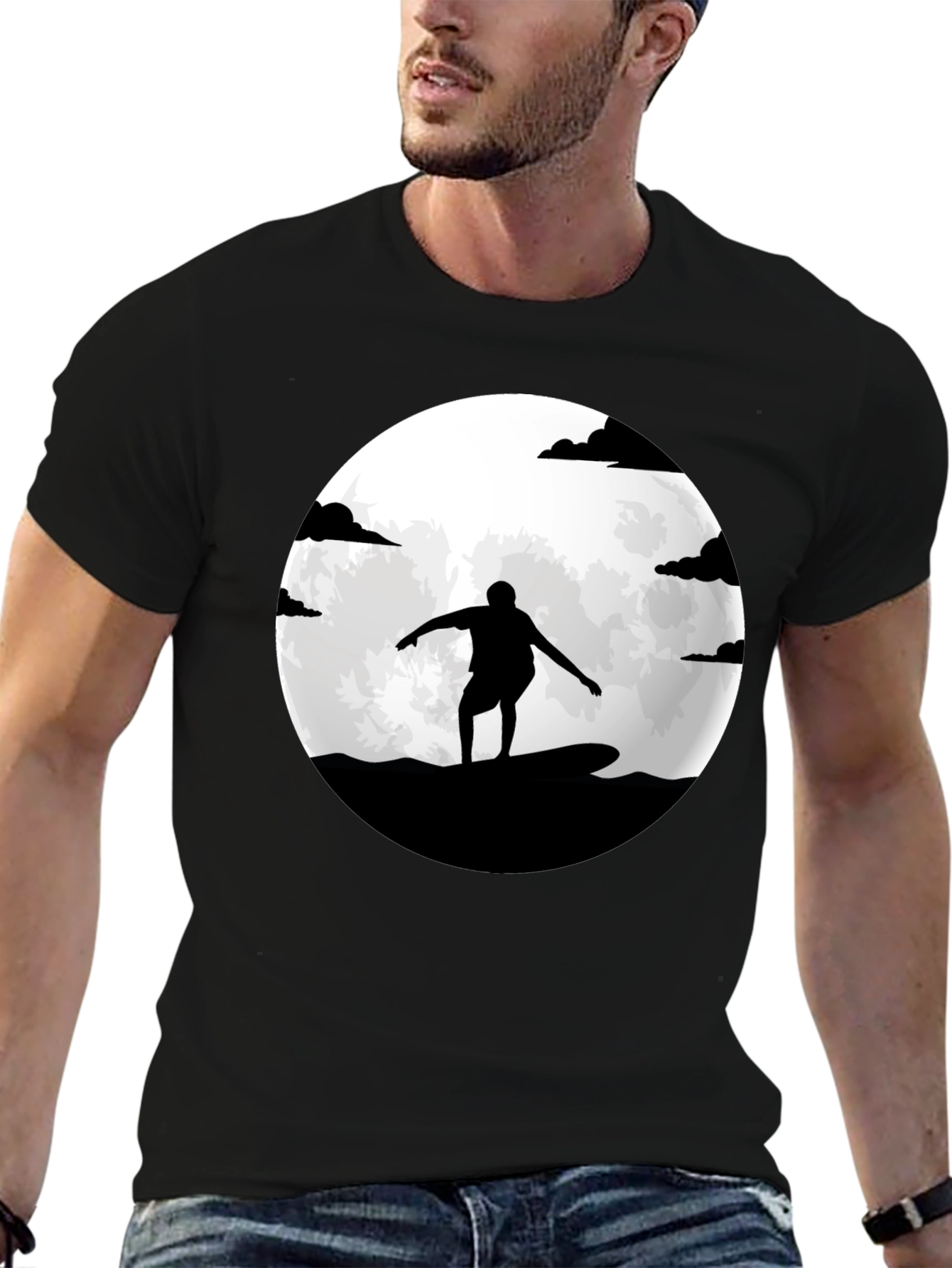 Surfer Silhouette Moon Graphic Tee - Black