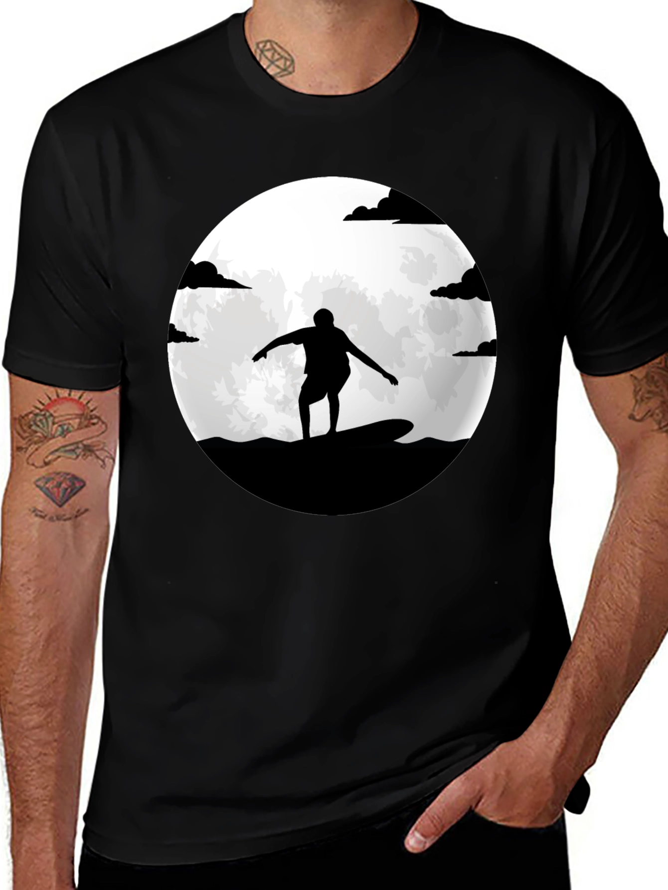Surfer Silhouette Moon Graphic Tee - Black