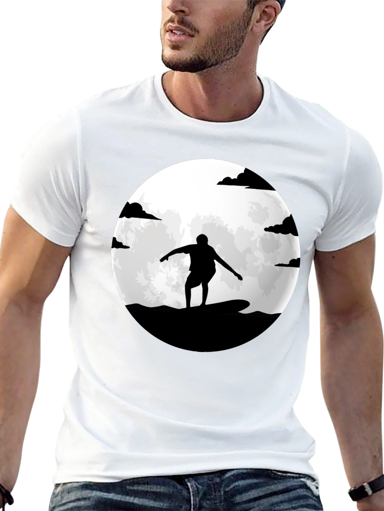 Surfer Silhouette Moon Graphic Tee - Black