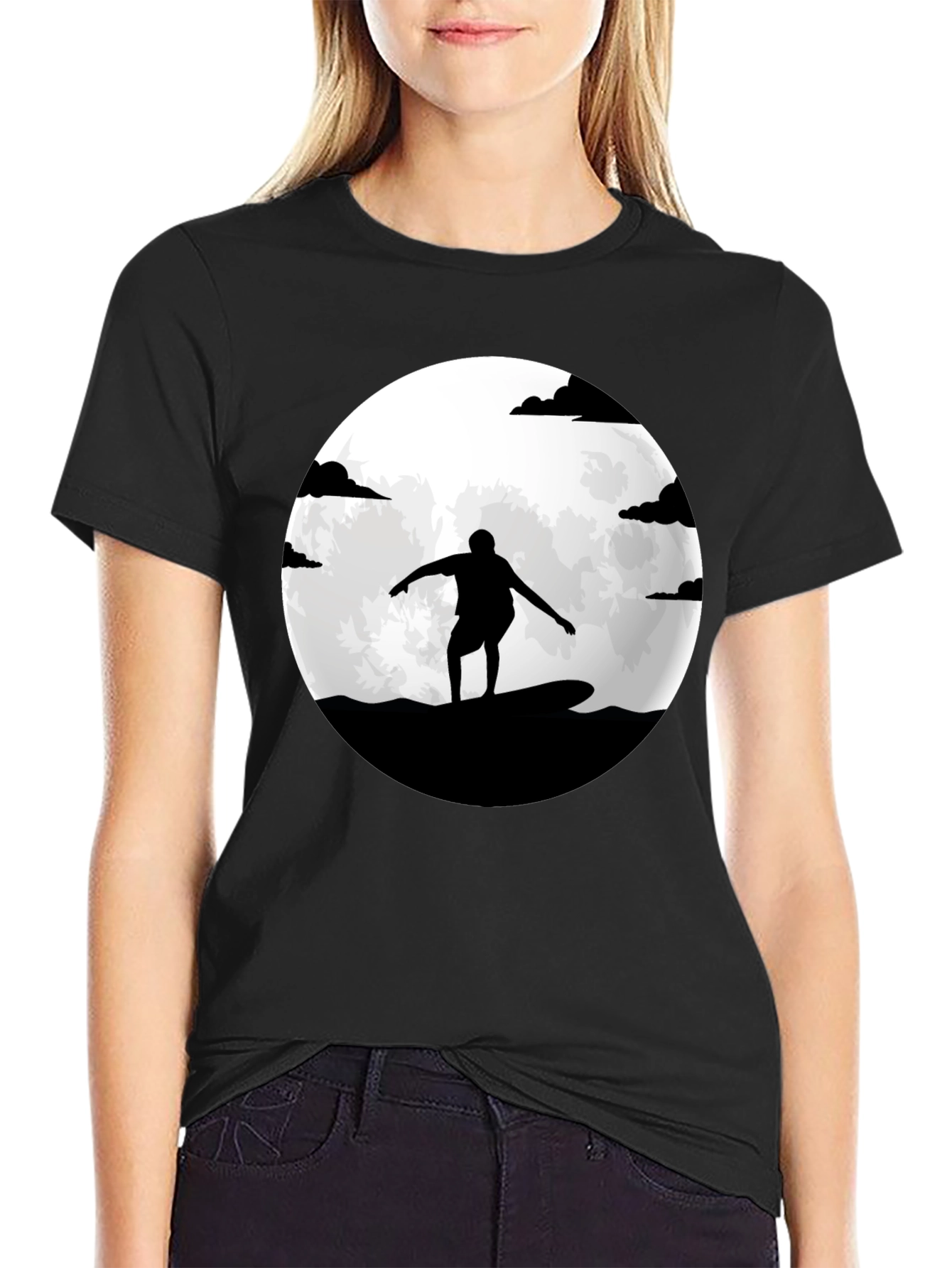 Surfer Silhouette Moon Graphic Tee - Black