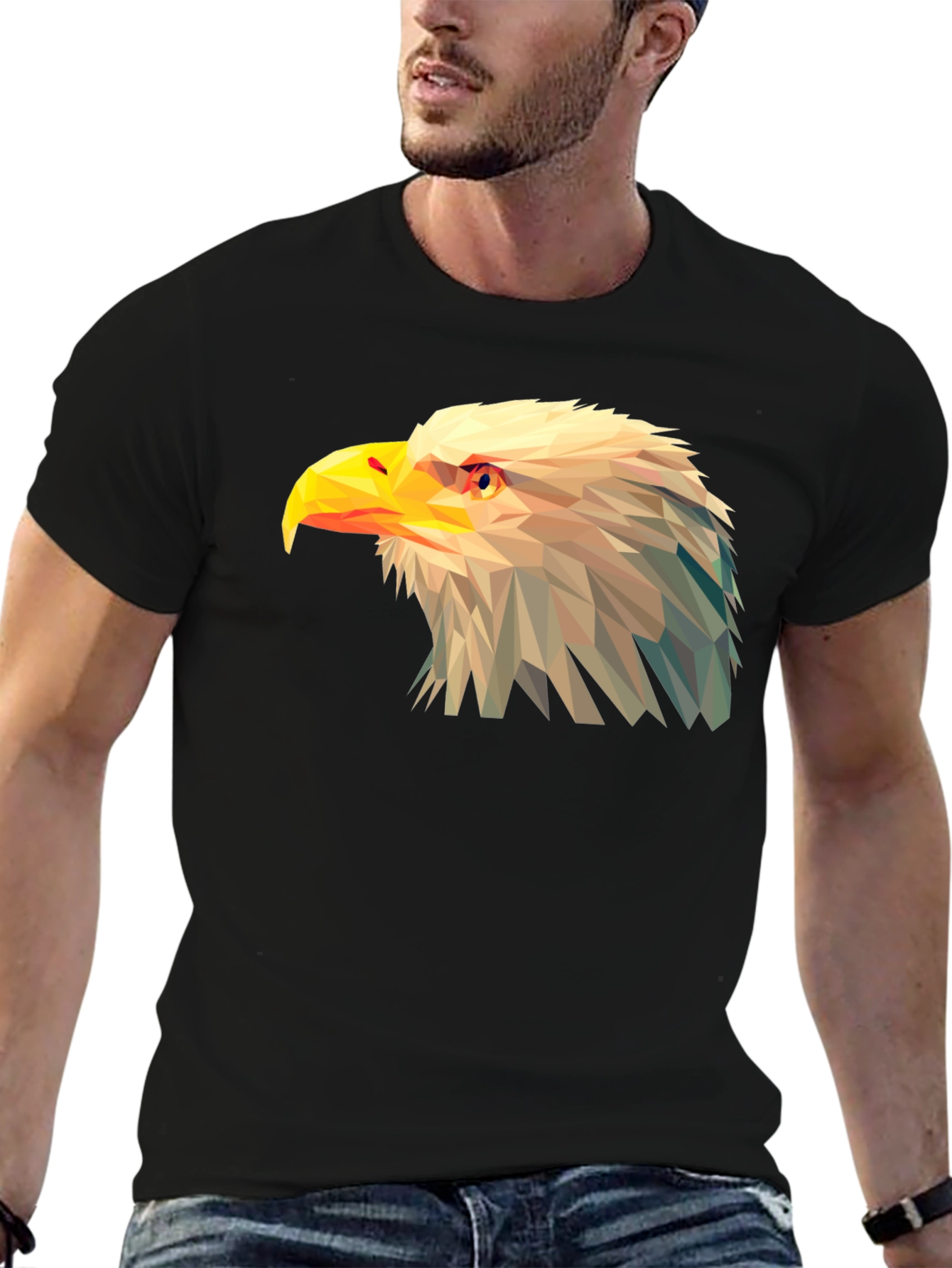 Geometric Eagle Graphic Tee - Black Cotton T-Shirt