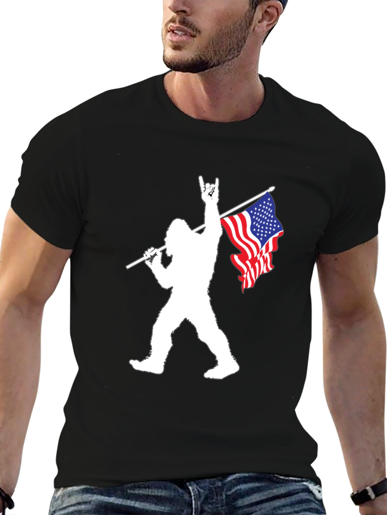 Patriotic Bigfoot Graphic Tee - Black Cotton T-Shirt