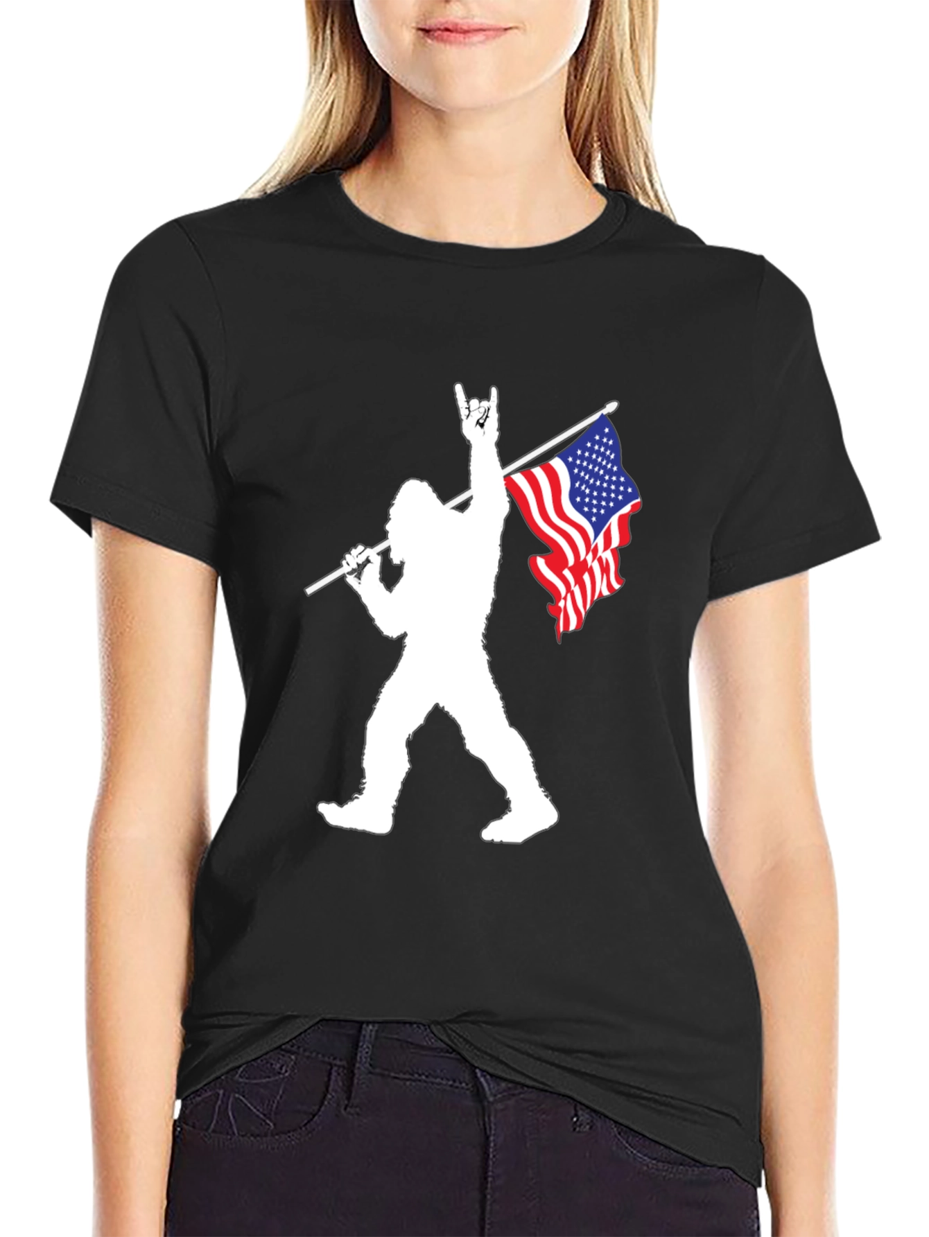 Patriotic Bigfoot Graphic Tee - Black Cotton T-Shirt