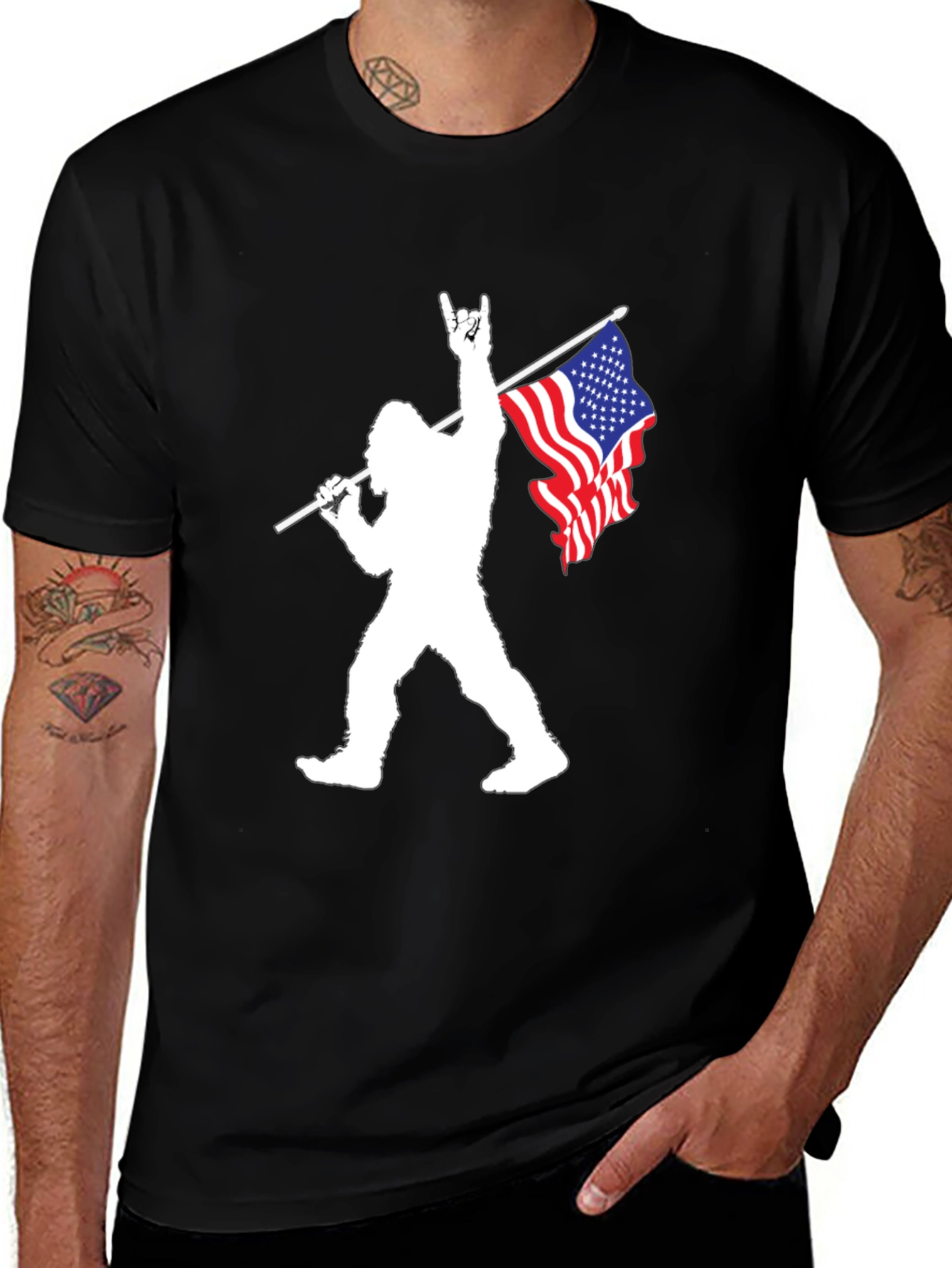 Patriotic Bigfoot Graphic Tee - Black Cotton T-Shirt