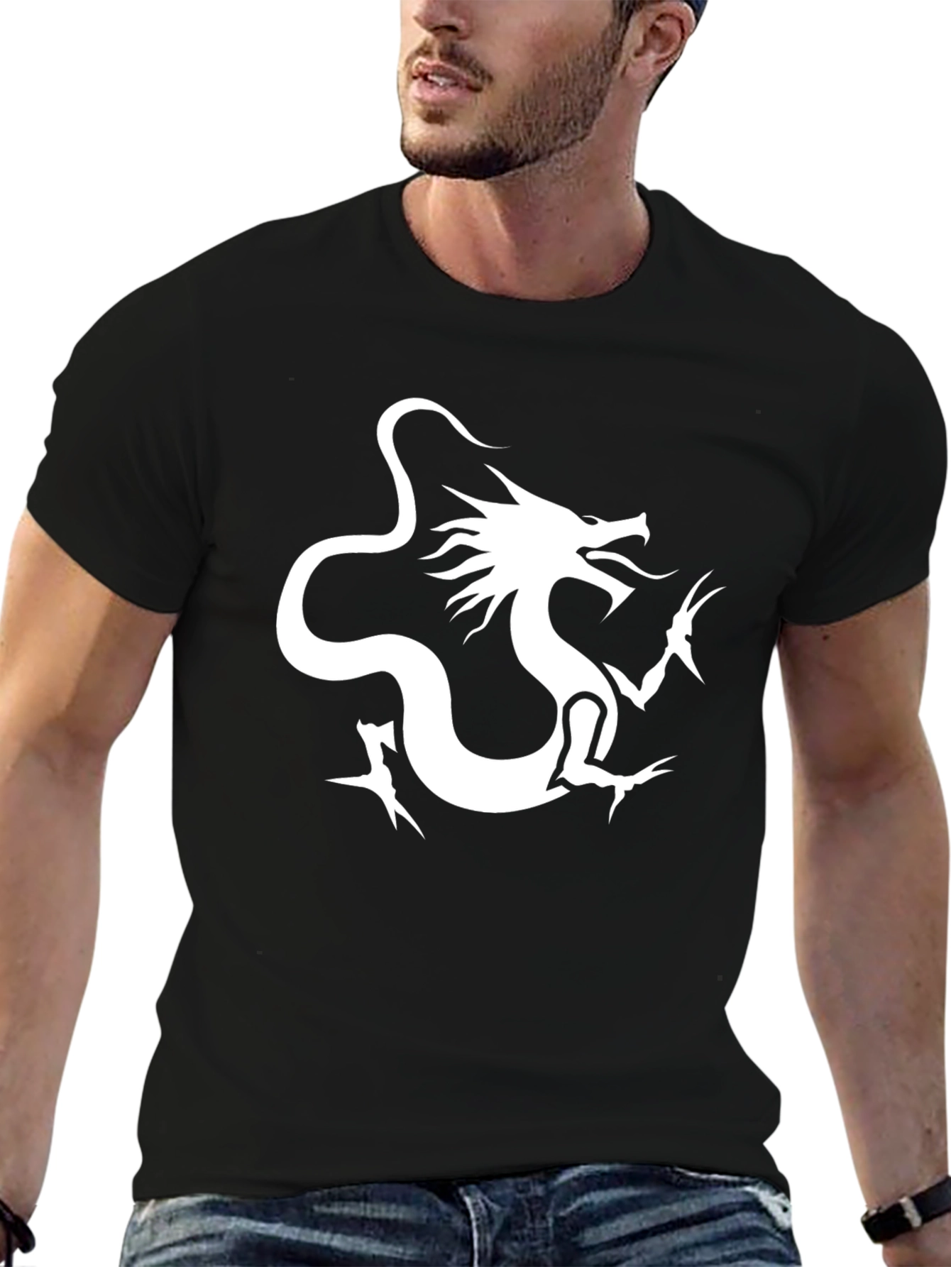 Dragon Graphic Tee - Bold White Print on Black