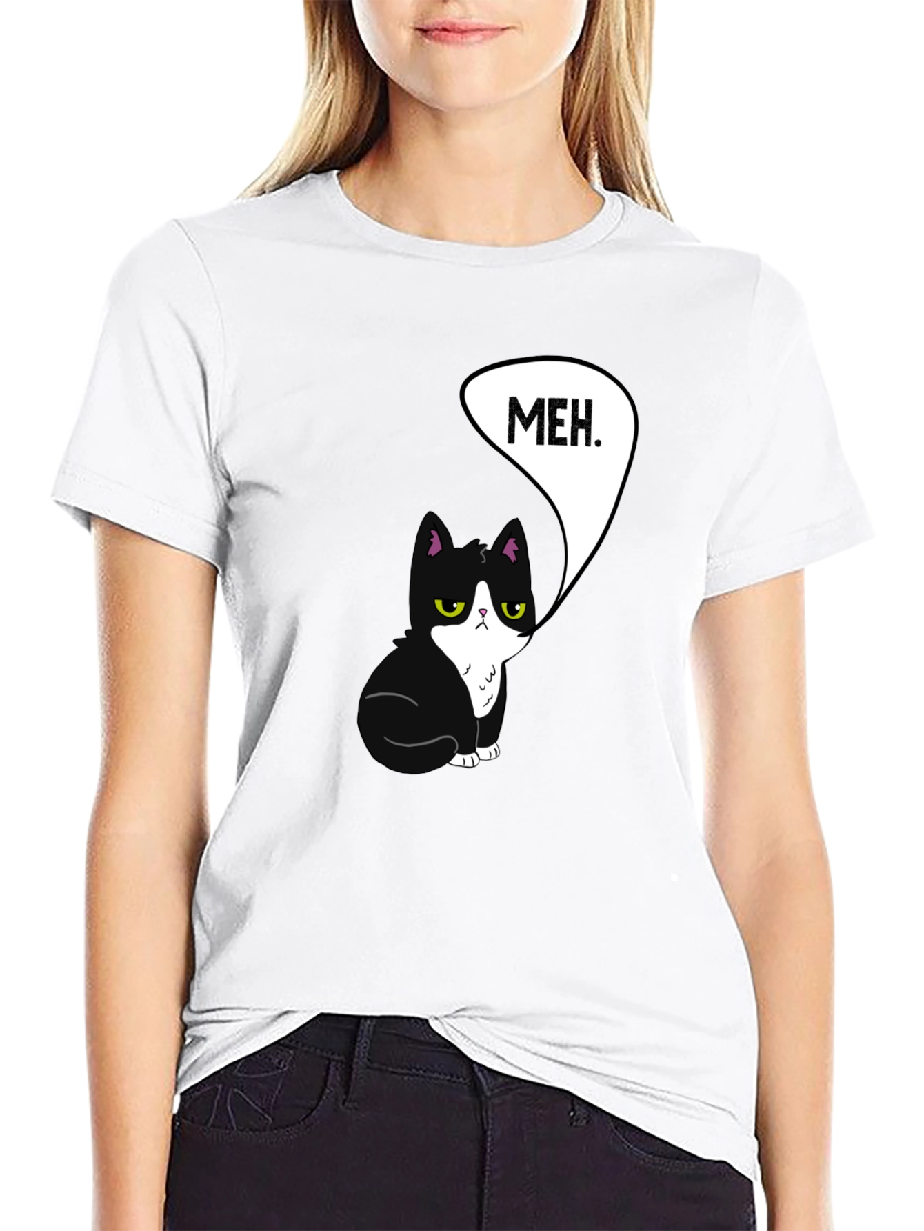 Meh Cat Graphic Tee - Black Cotton T-Shirt