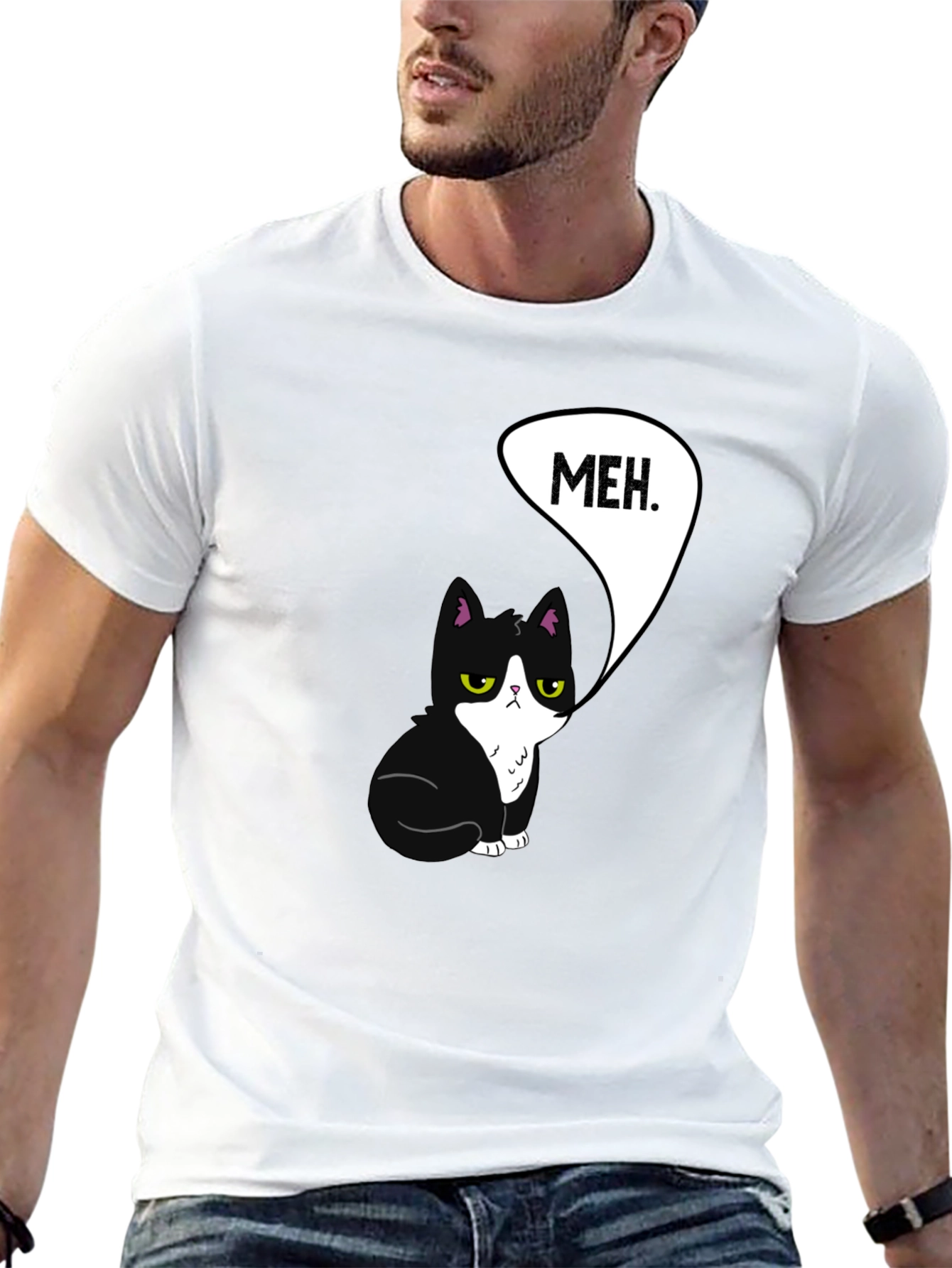 Meh Cat Graphic Tee - Black Cotton T-Shirt