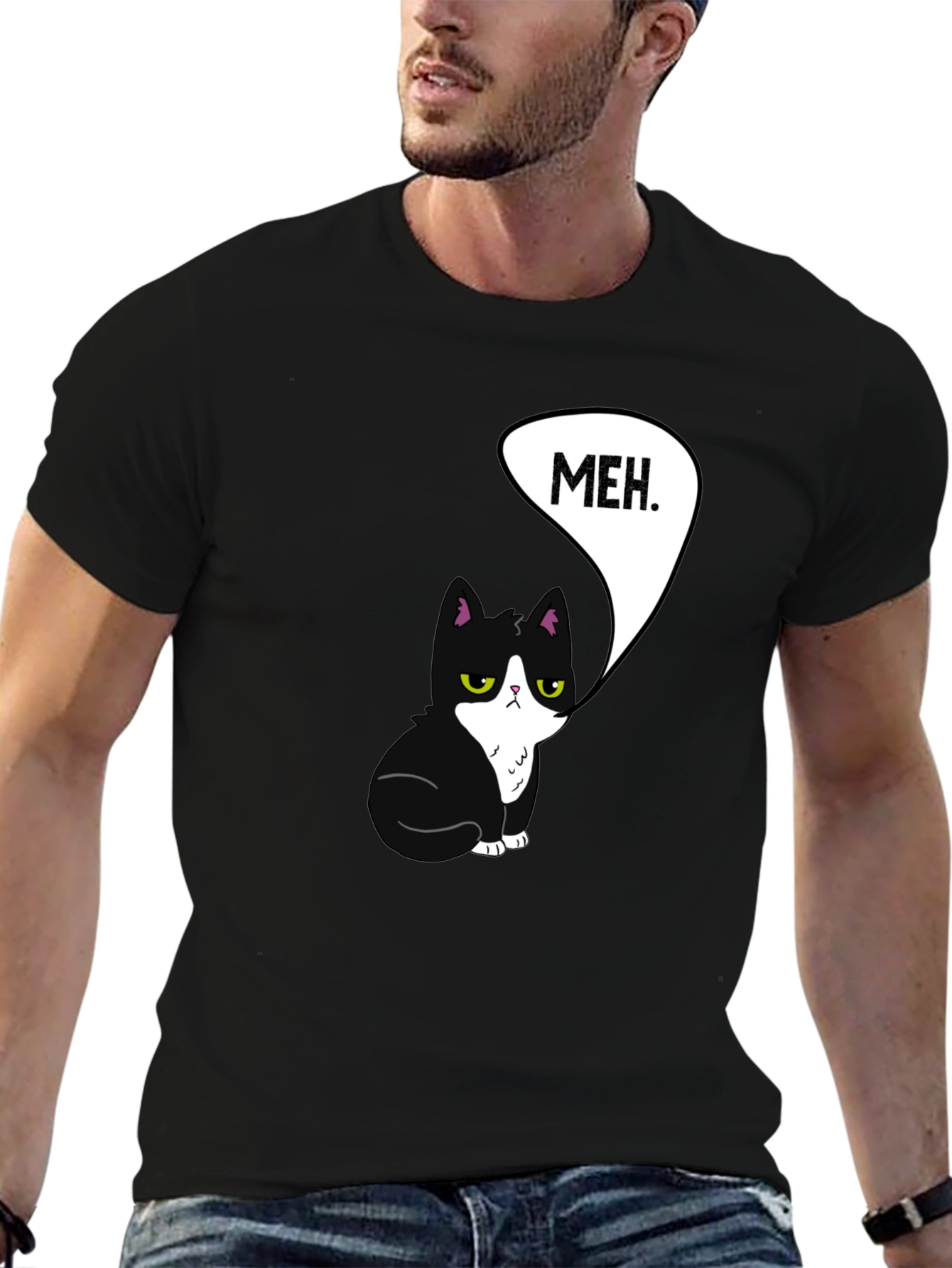 Meh Cat Graphic Tee - Black Cotton T-Shirt