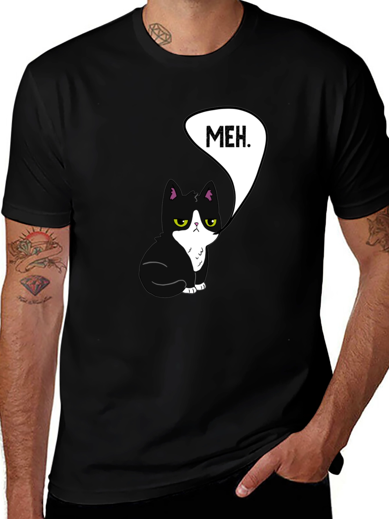 Meh Cat Graphic Tee - Black Cotton T-Shirt