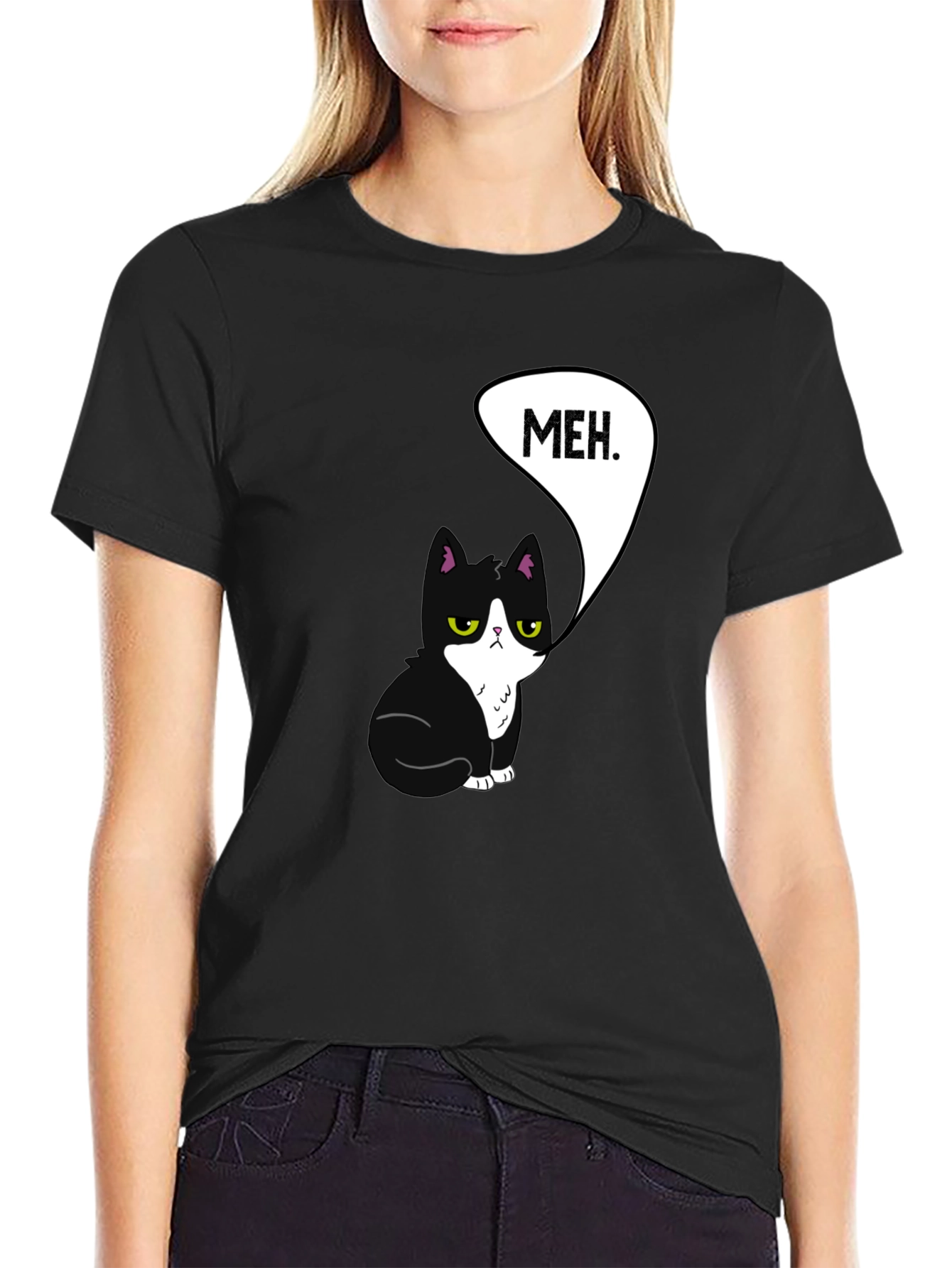 Meh Cat Graphic Tee - Black Cotton T-Shirt