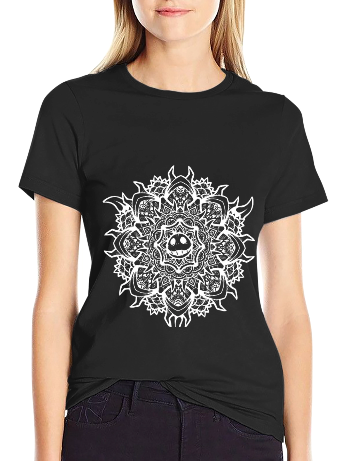 Black T-Shirt with Grin Mandala Design