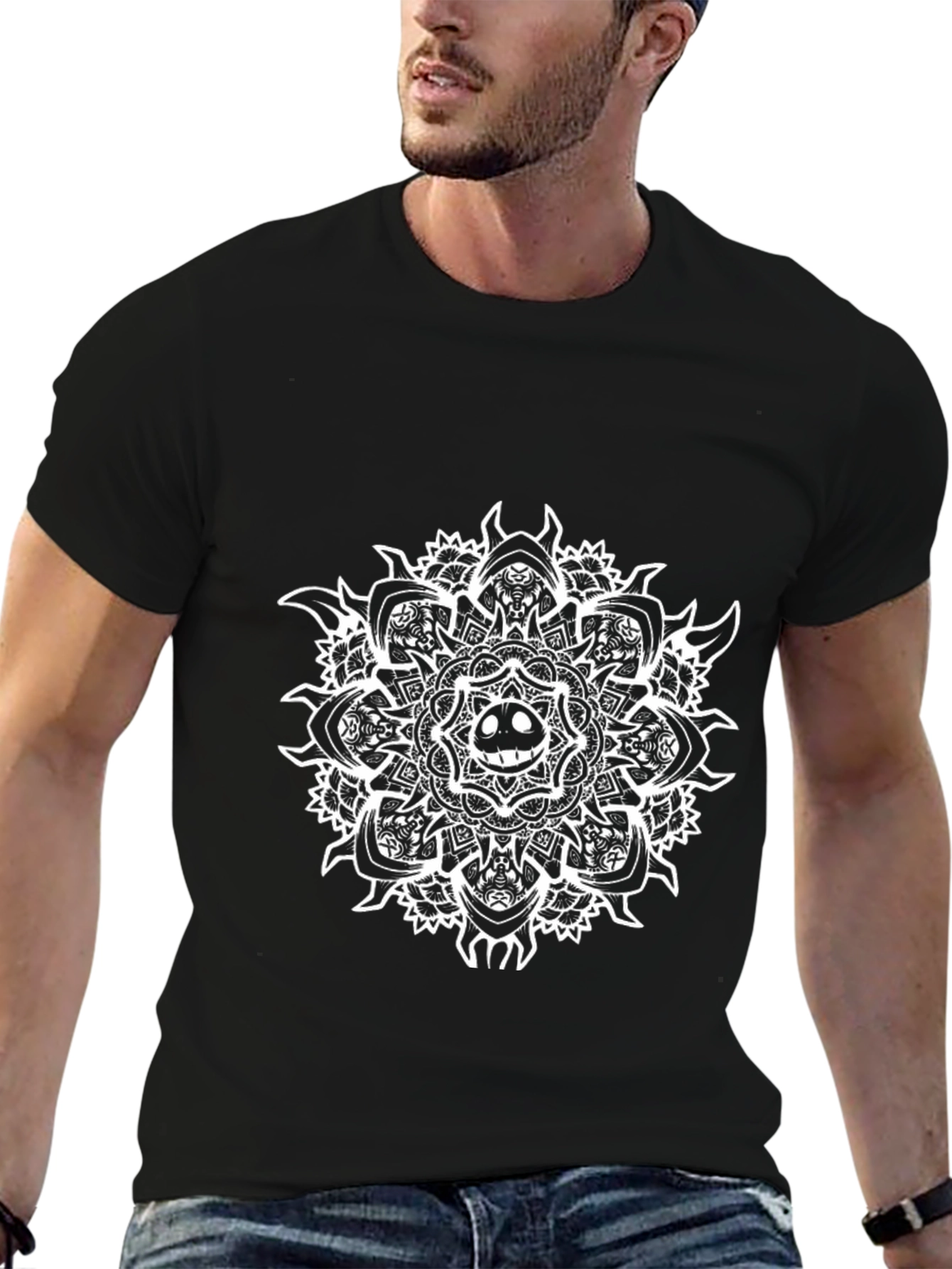 Black T-Shirt with Grin Mandala Design