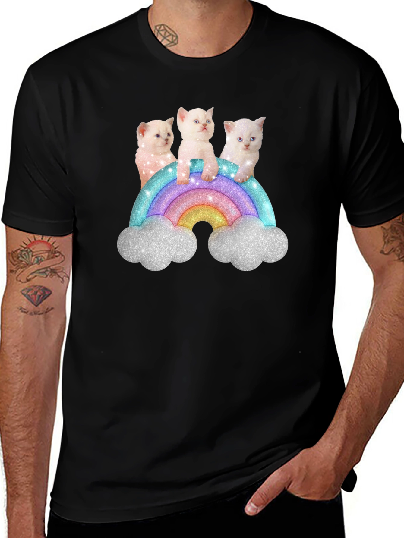 Cute Kitten Rainbow Graphic Tee - Black Unisex T-Shirt