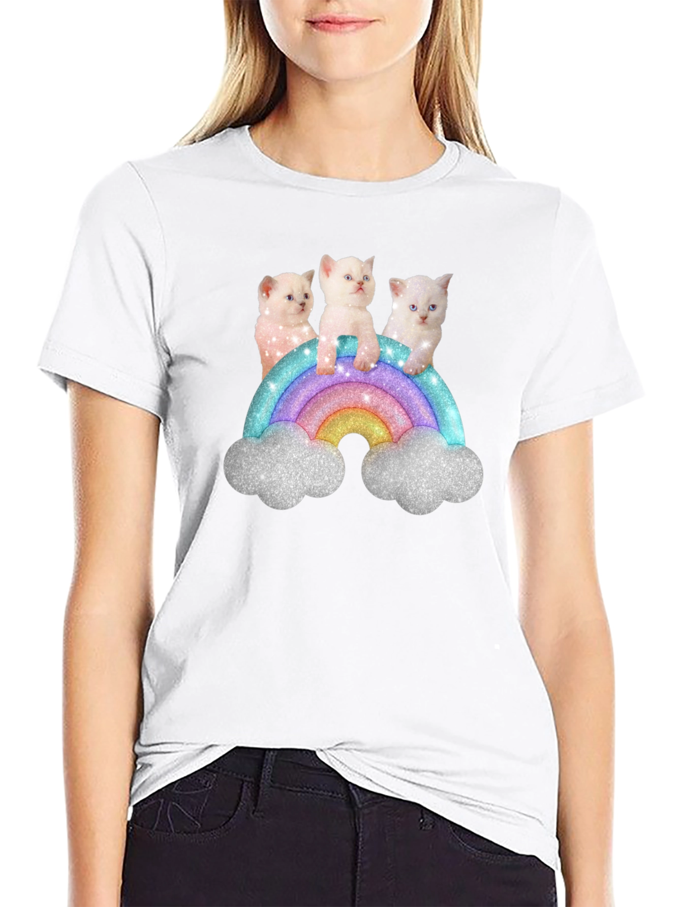 Cute Kitten Rainbow Graphic Tee - Black Unisex T-Shirt