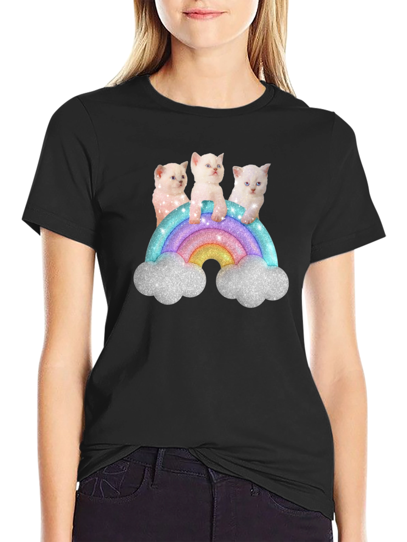 Cute Kitten Rainbow Graphic Tee - Black Unisex T-Shirt