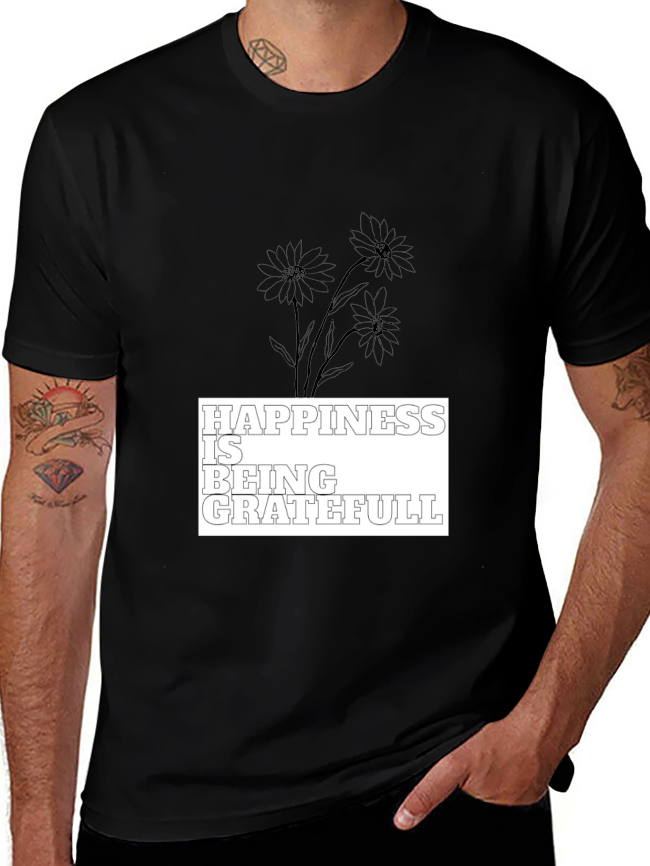 Happiness is Being Grateful Black Graphic Tee