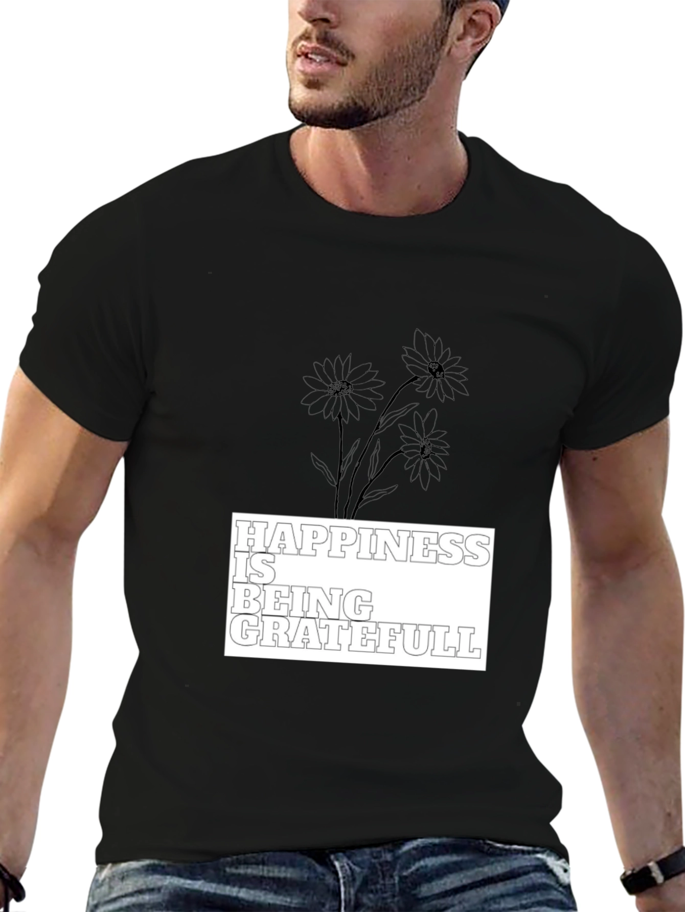 Happiness is Being Grateful Black Graphic Tee