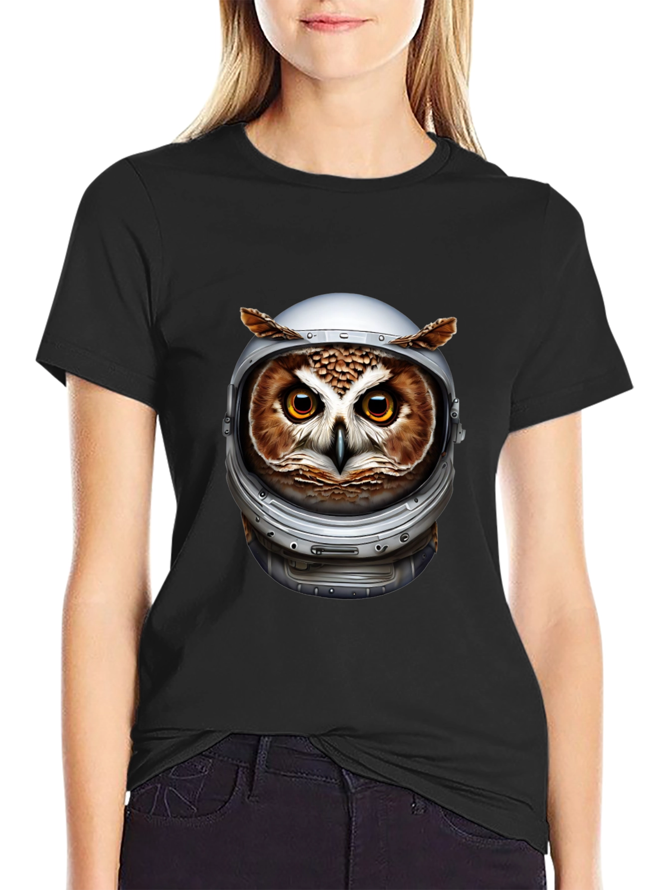 Owl Astronaut Graphic Black T-Shirt