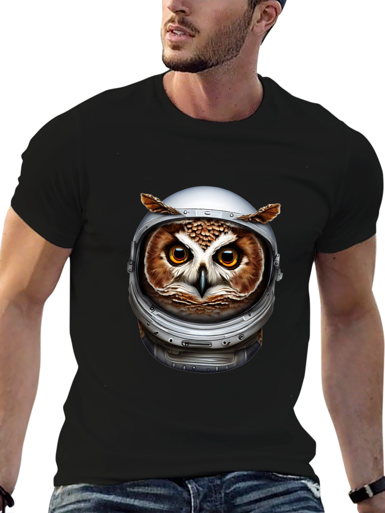 Owl Astronaut Graphic Black T-Shirt