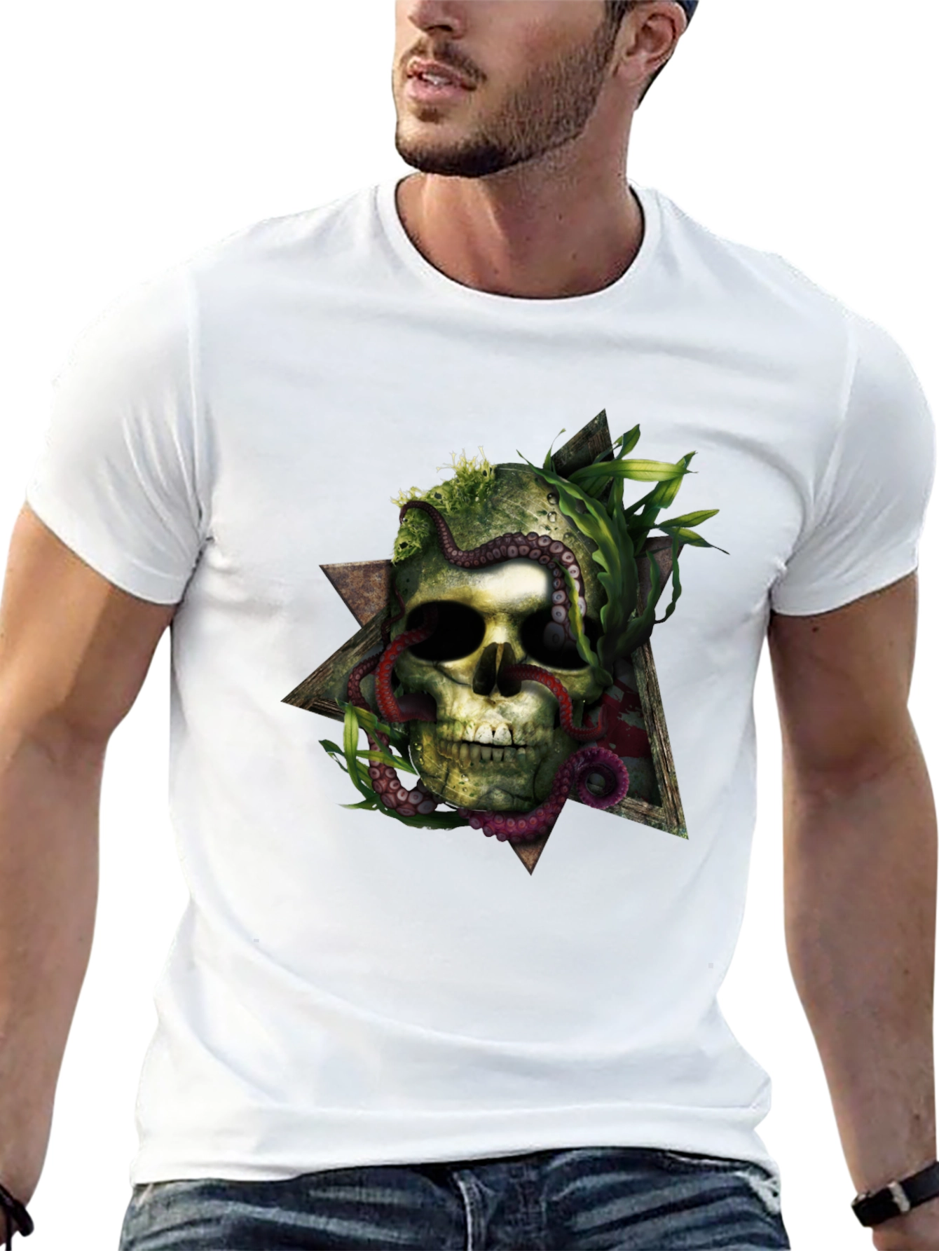 Skull & Octopus Triangle Graphic Tee - Black