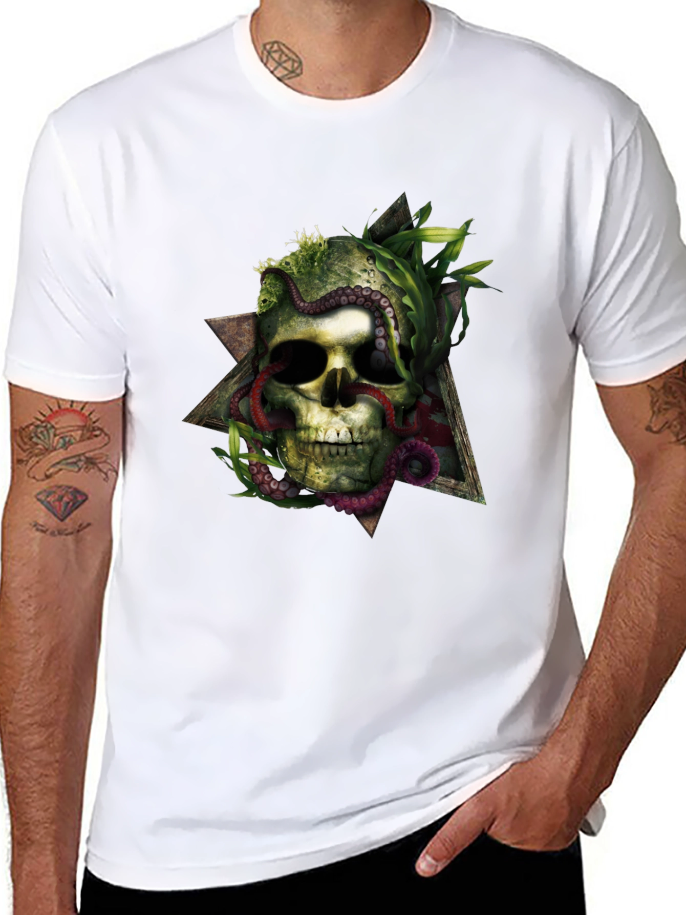 Skull & Octopus Triangle Graphic Tee - Black