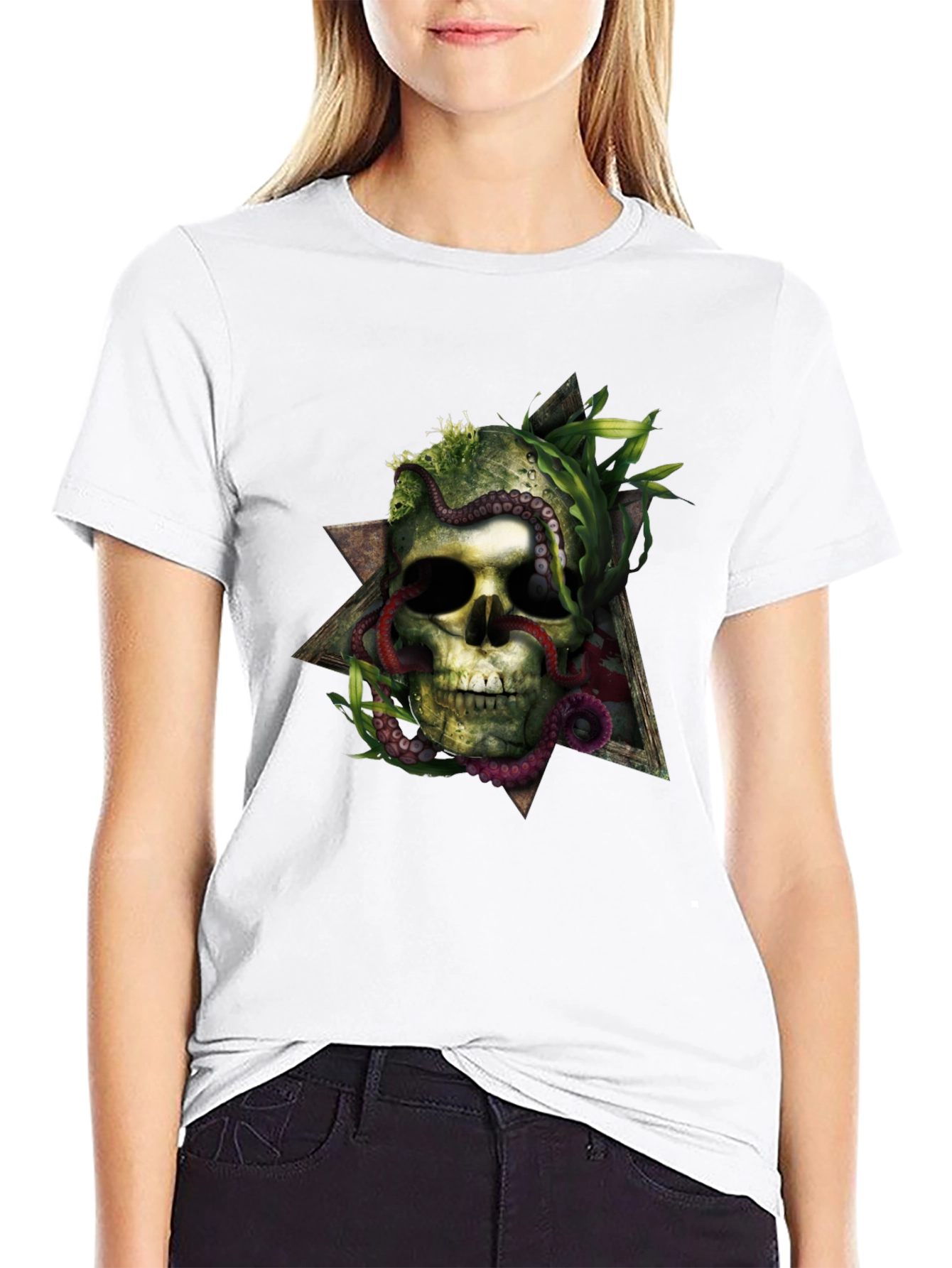 Skull & Octopus Triangle Graphic Tee - Black