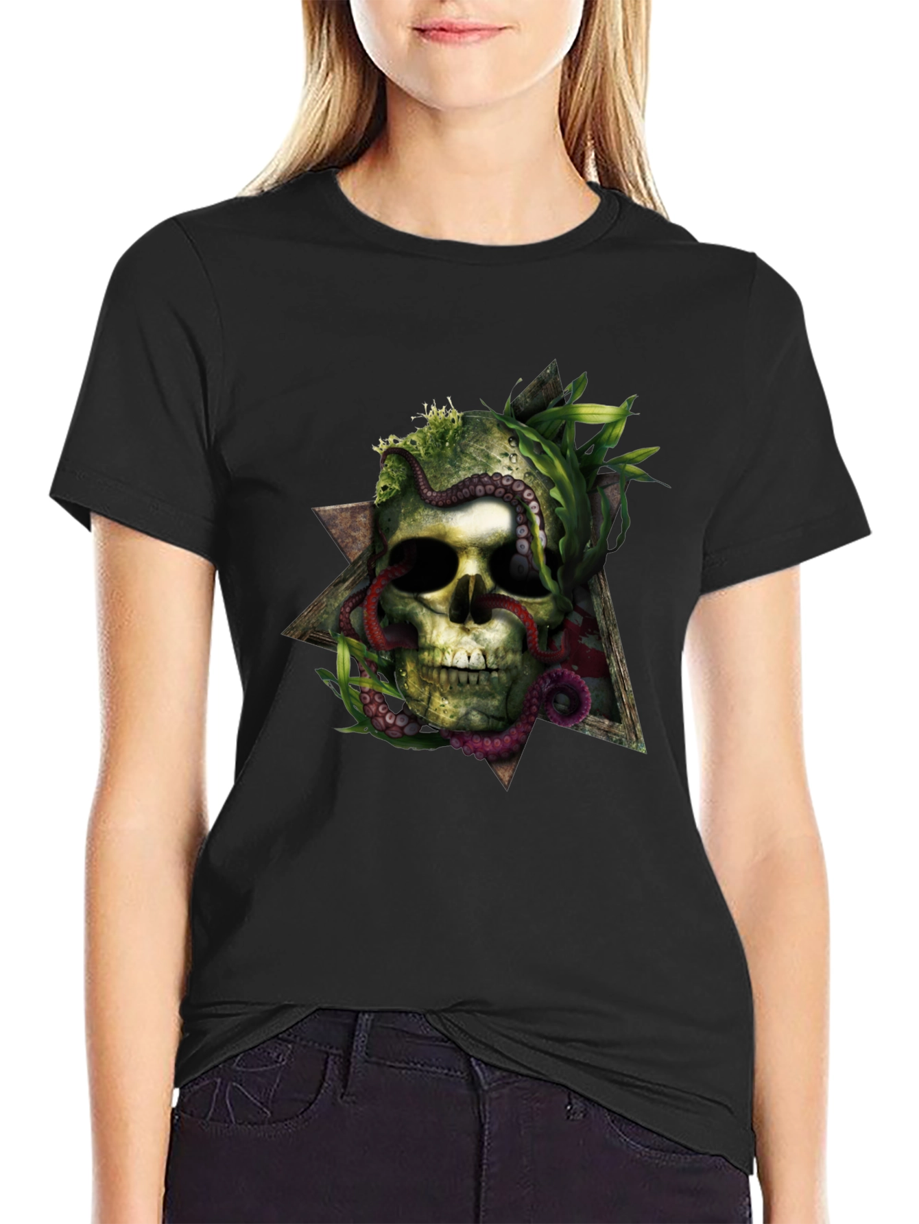 Skull & Octopus Triangle Graphic Tee - Black