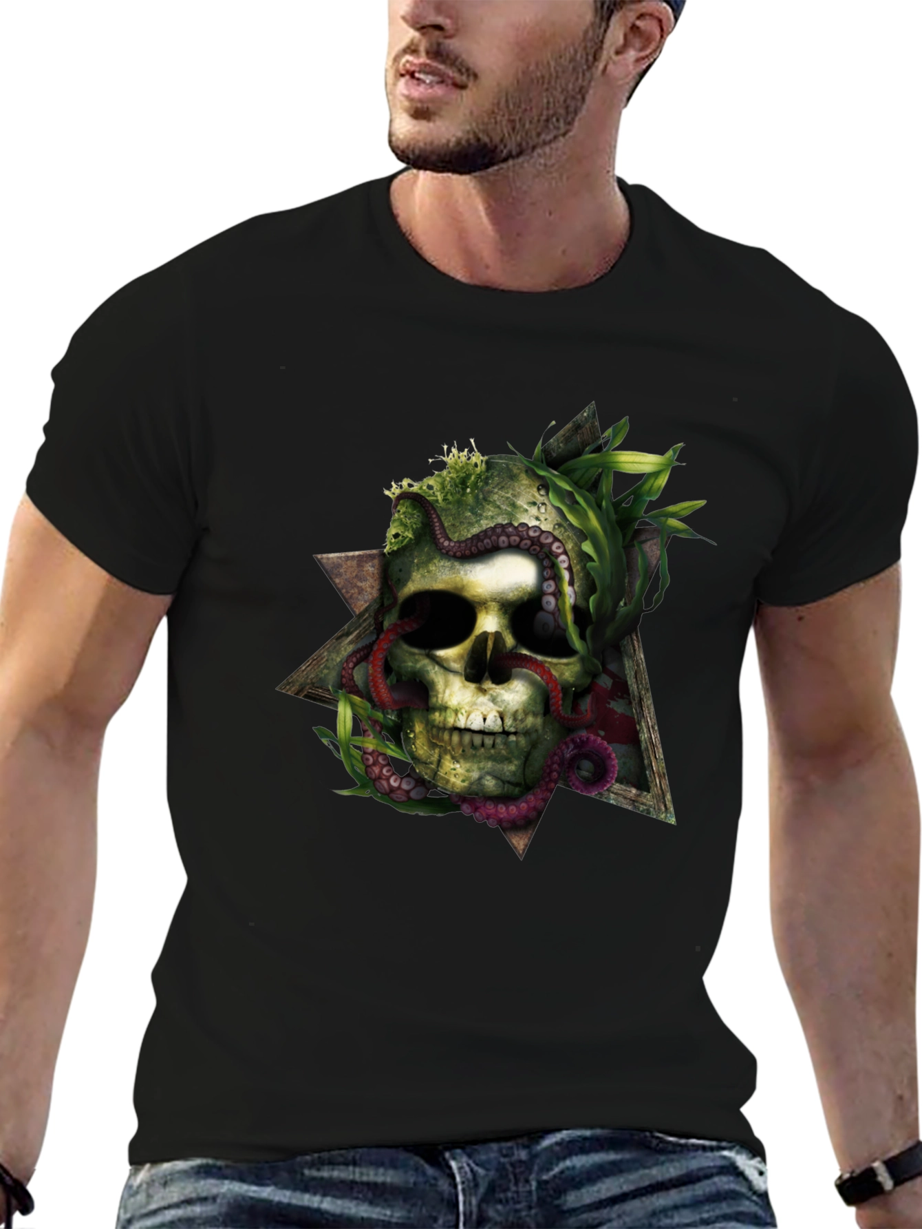Skull & Octopus Triangle Graphic Tee - Black
