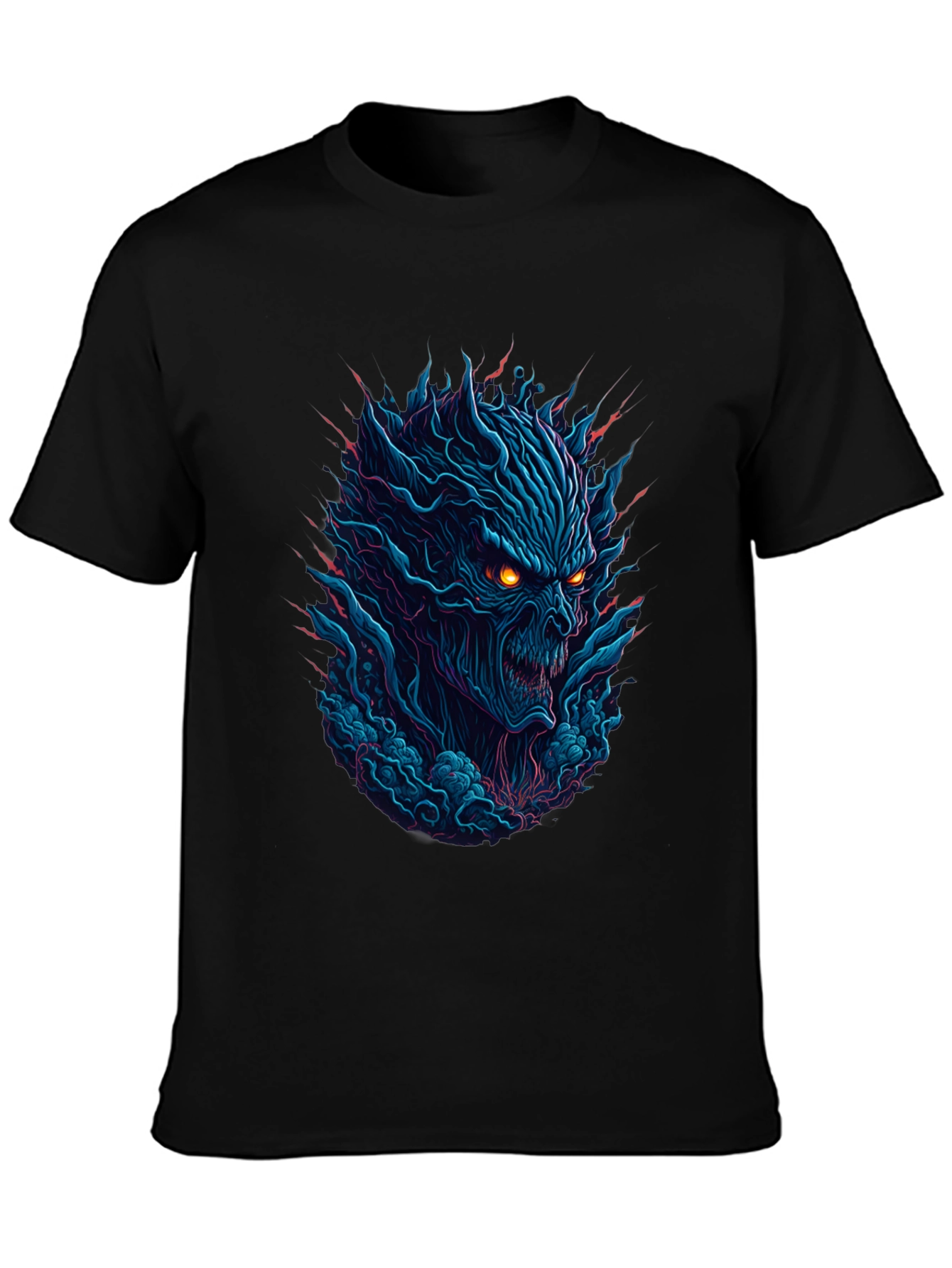Mens Black T-Shirt with Fiery Monster Graphic