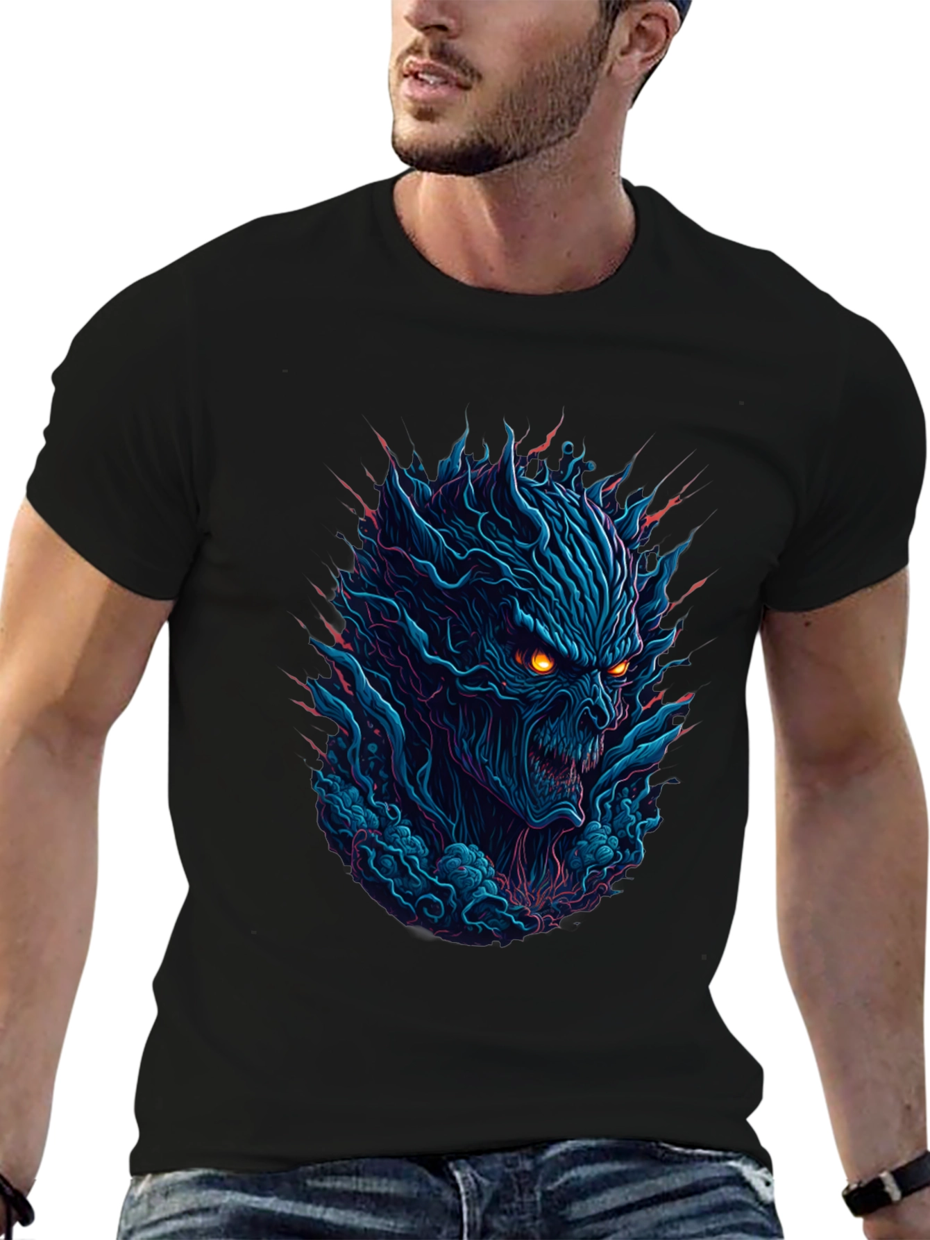 Mens Black T-Shirt with Fiery Monster Graphic