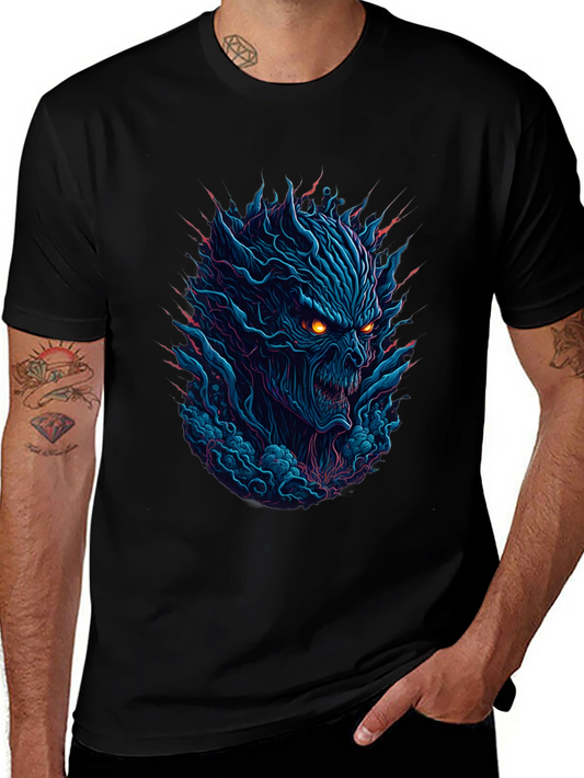 Mens Black T-Shirt with Fiery Monster Graphic